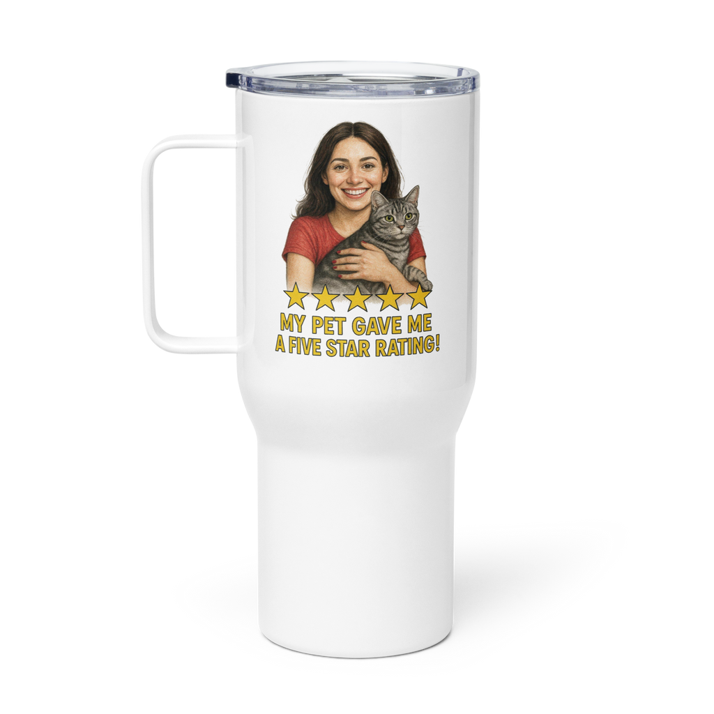 Brunette Woman RED Shirt with American Shorthair Cat Travel Mug