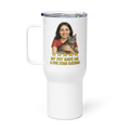 Brunette Woman RED Shirt with American Shorthair Cat Travel Mug