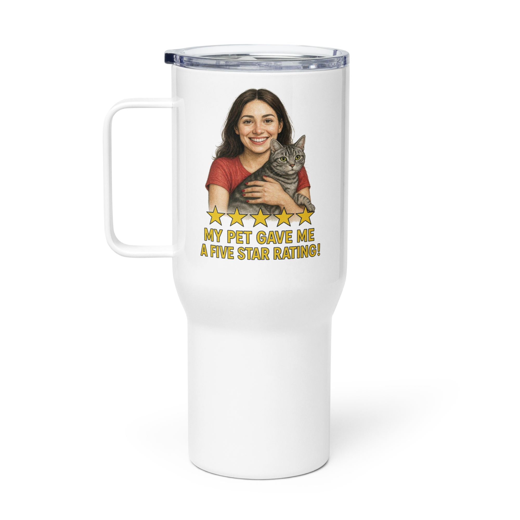 Brunette Woman RED Shirt with American Shorthair Cat Travel Mug