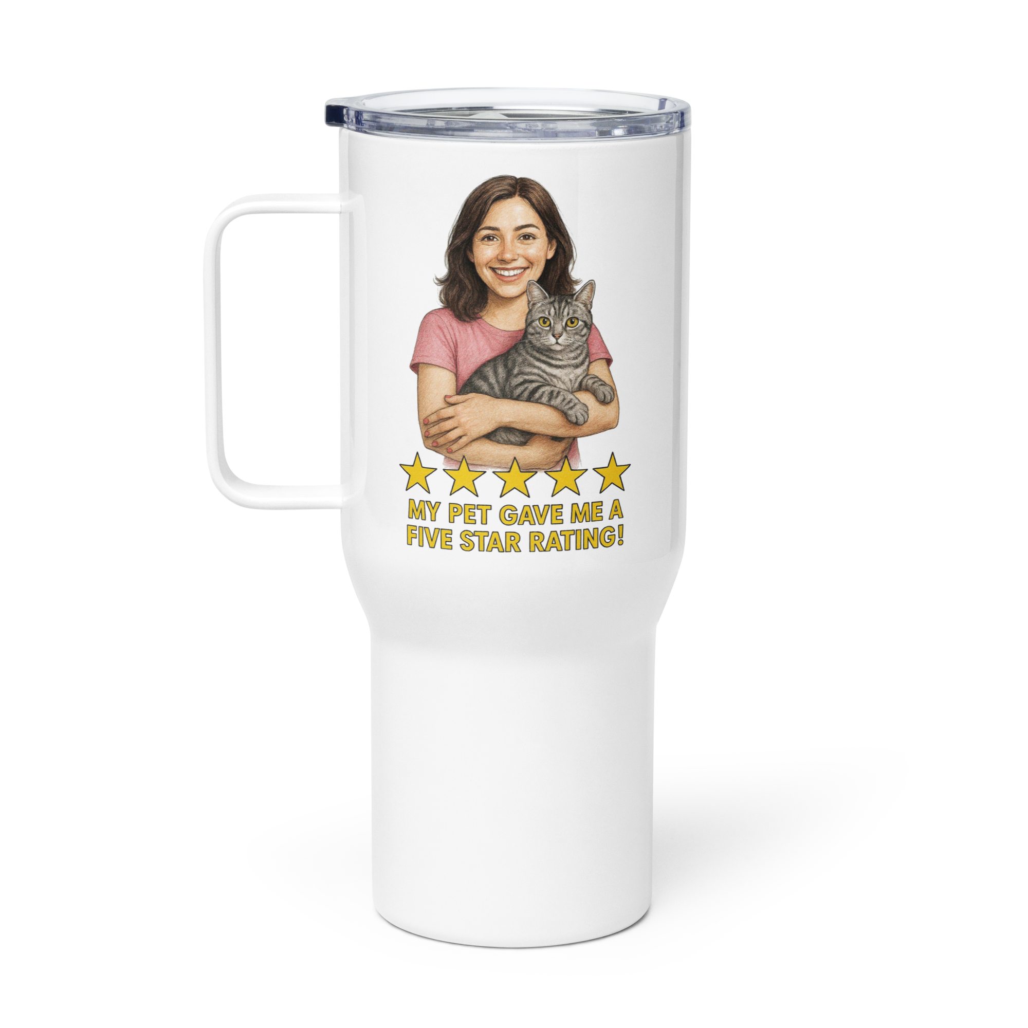 Brunette Woman PINK Shirt with American Shorthair Cat Travel Mug