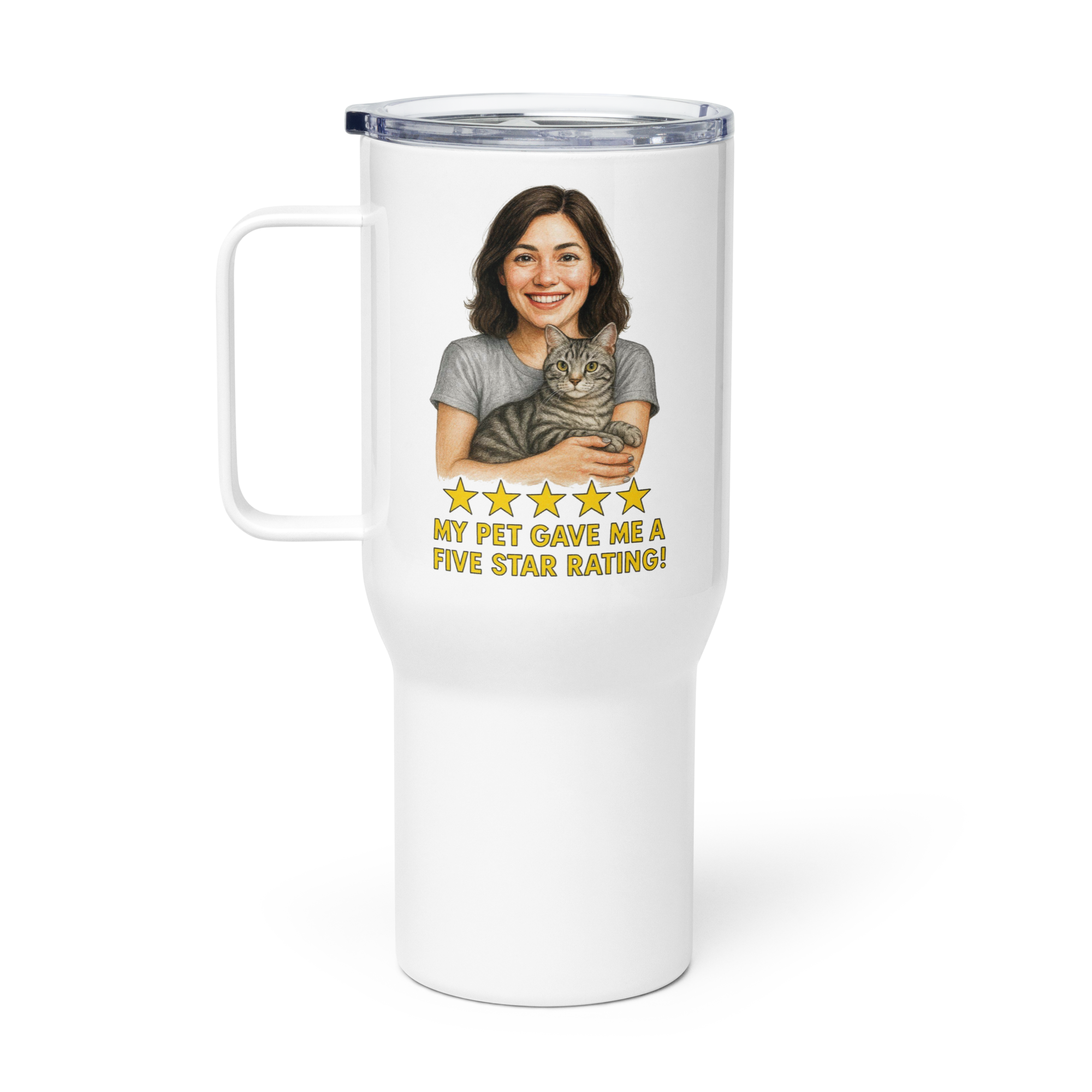 Brunette Woman SILVER Shirt with American Shorthair Cat Travel Mug