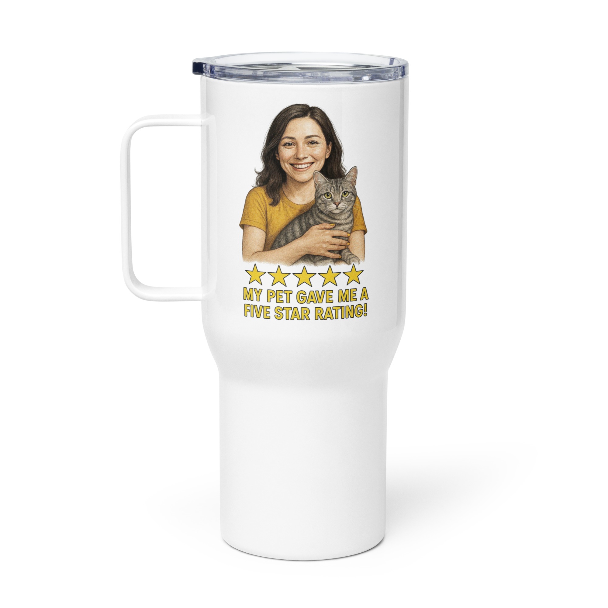 Brunette Woman GOLD Shirt with American Shorthair Cat Travel Mug