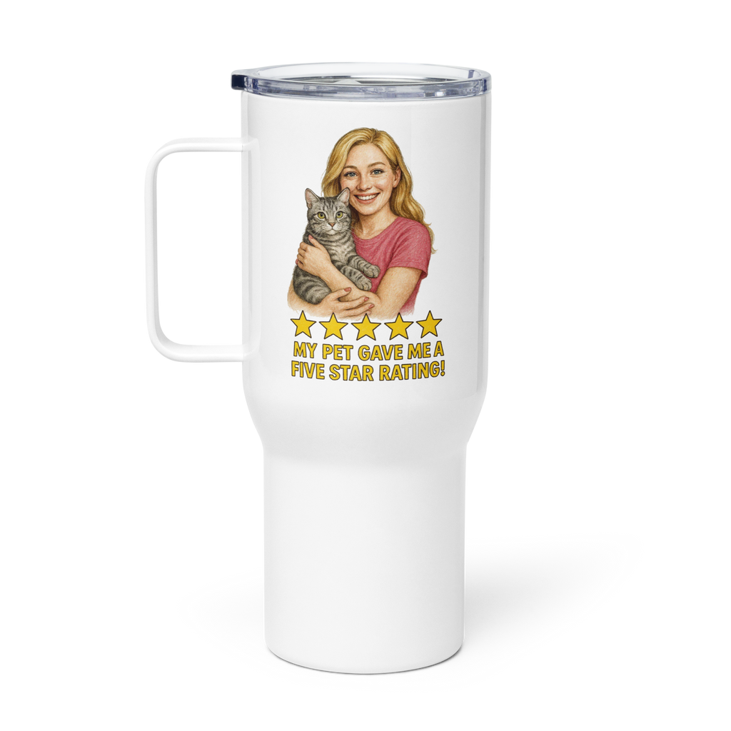 Blonde Woman PINK Shirt with American Shorthair Cat Travel Mug