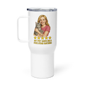 Blonde Woman PINK Shirt with American Shorthair Cat Travel Mug
