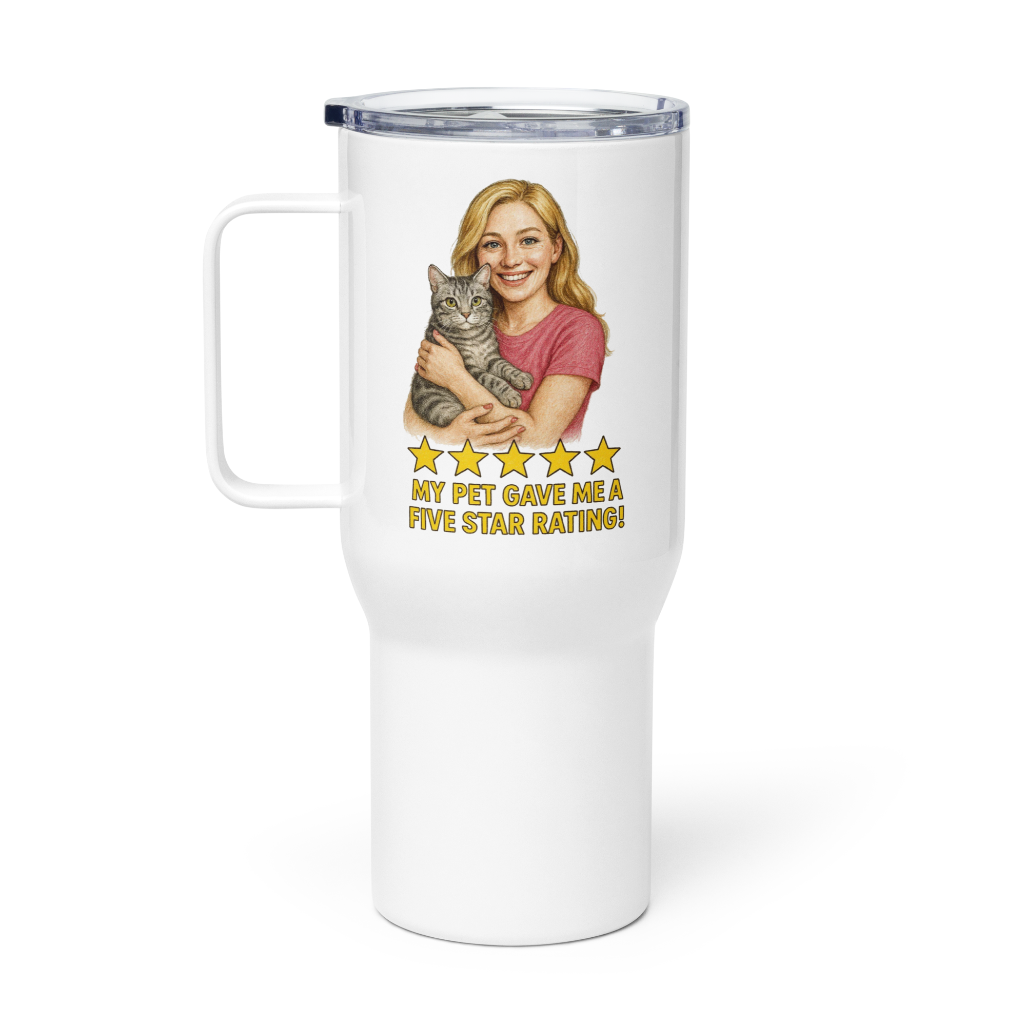 Blonde Woman PINK Shirt with American Shorthair Cat Travel Mug
