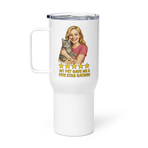 Blonde Woman PINK Shirt with American Shorthair Cat Travel Mug