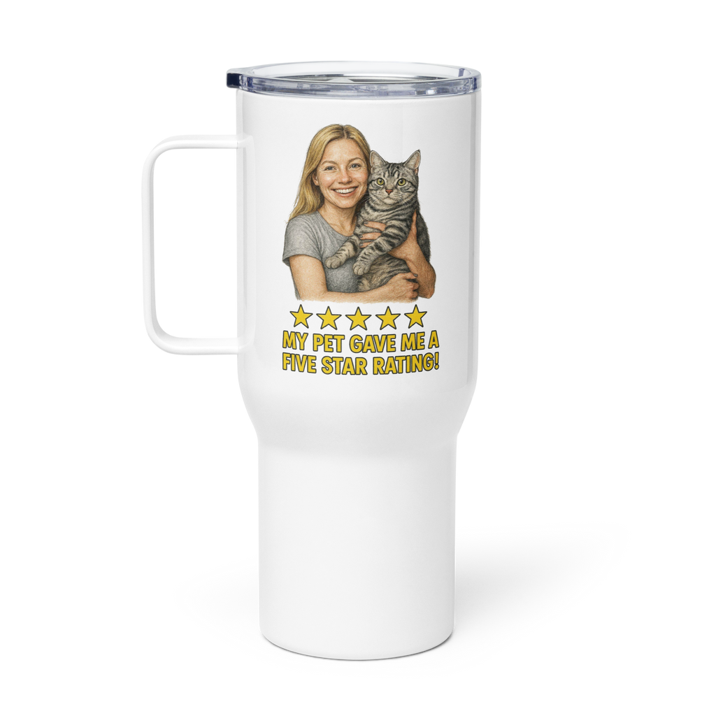 Blonde Woman Silver Shirt with an American Shorthair Cat Travel Mug