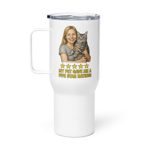 Blonde Woman Silver Shirt with an American Shorthair Cat Travel Mug