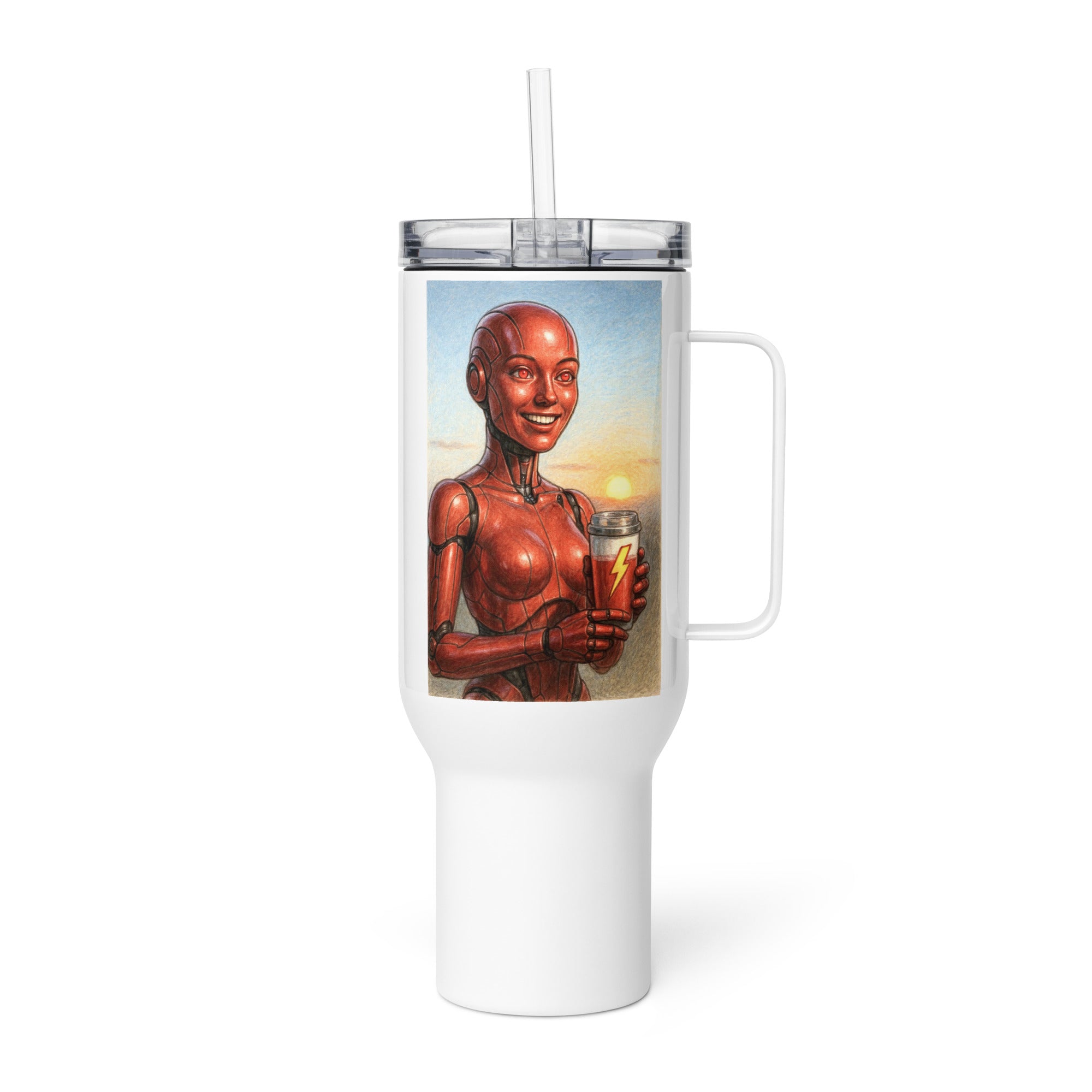 Red Android Woman Travel mug with a handle