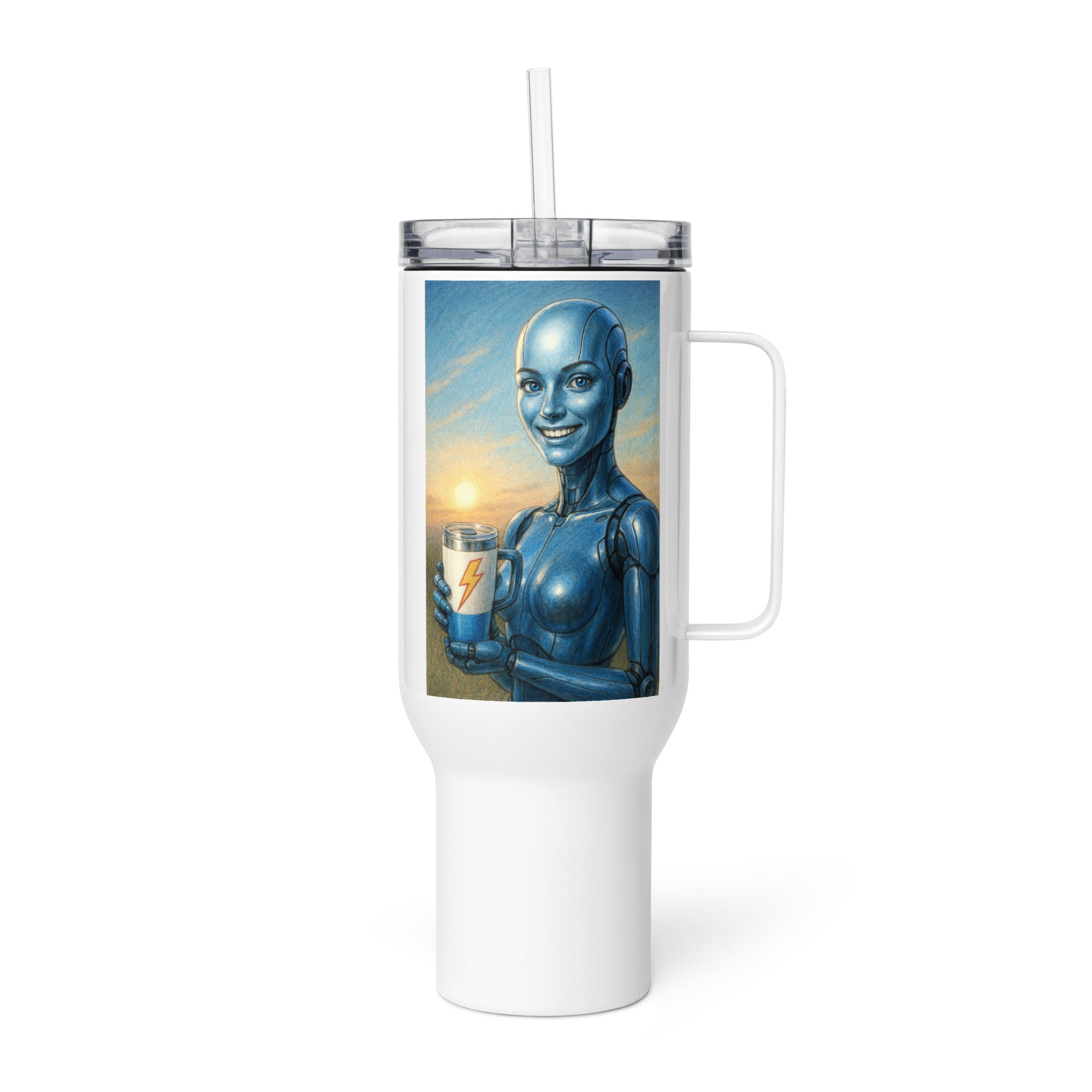 Blue Android Woman Travel mug with a handle