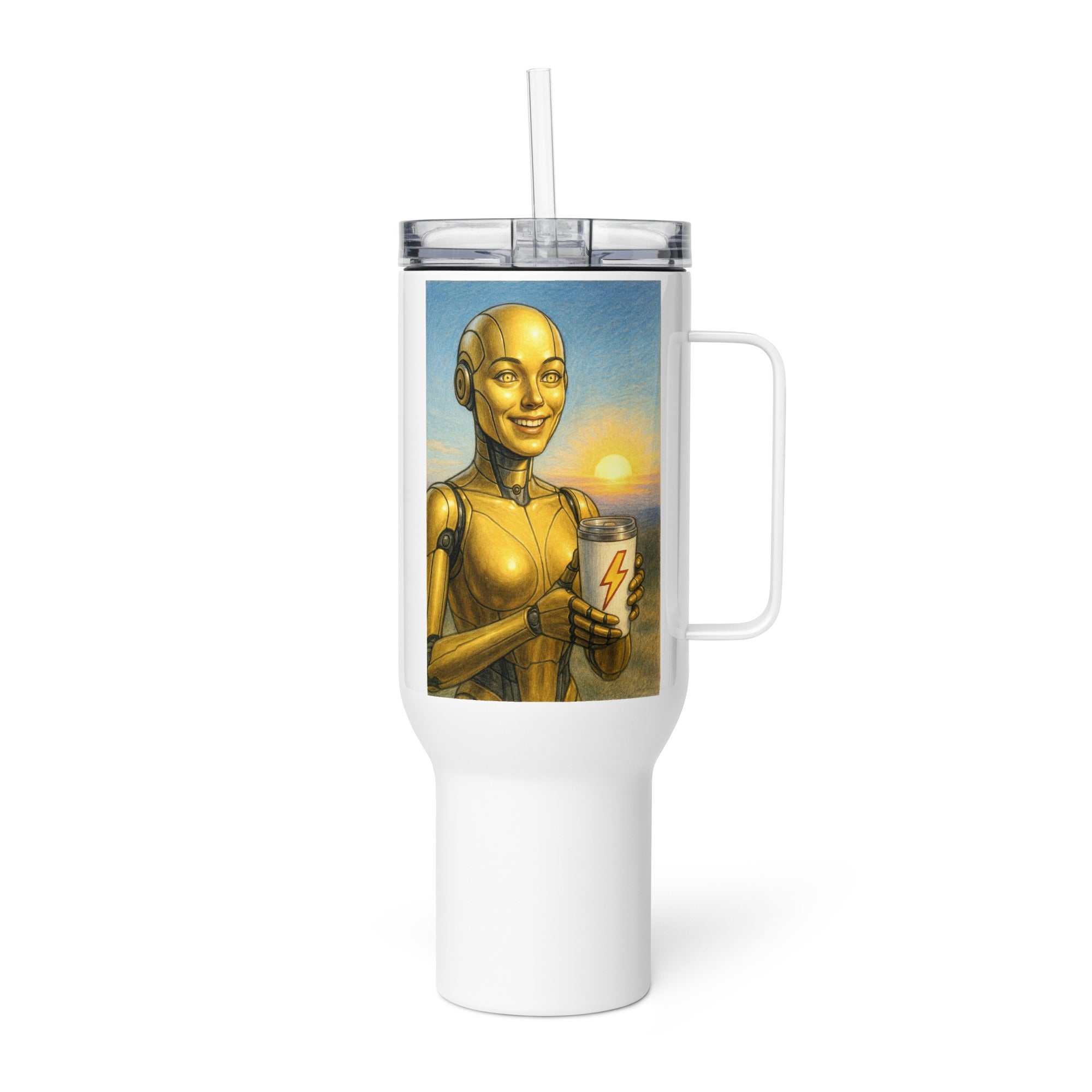 Yellow Android Woman Travel mug with a handle
