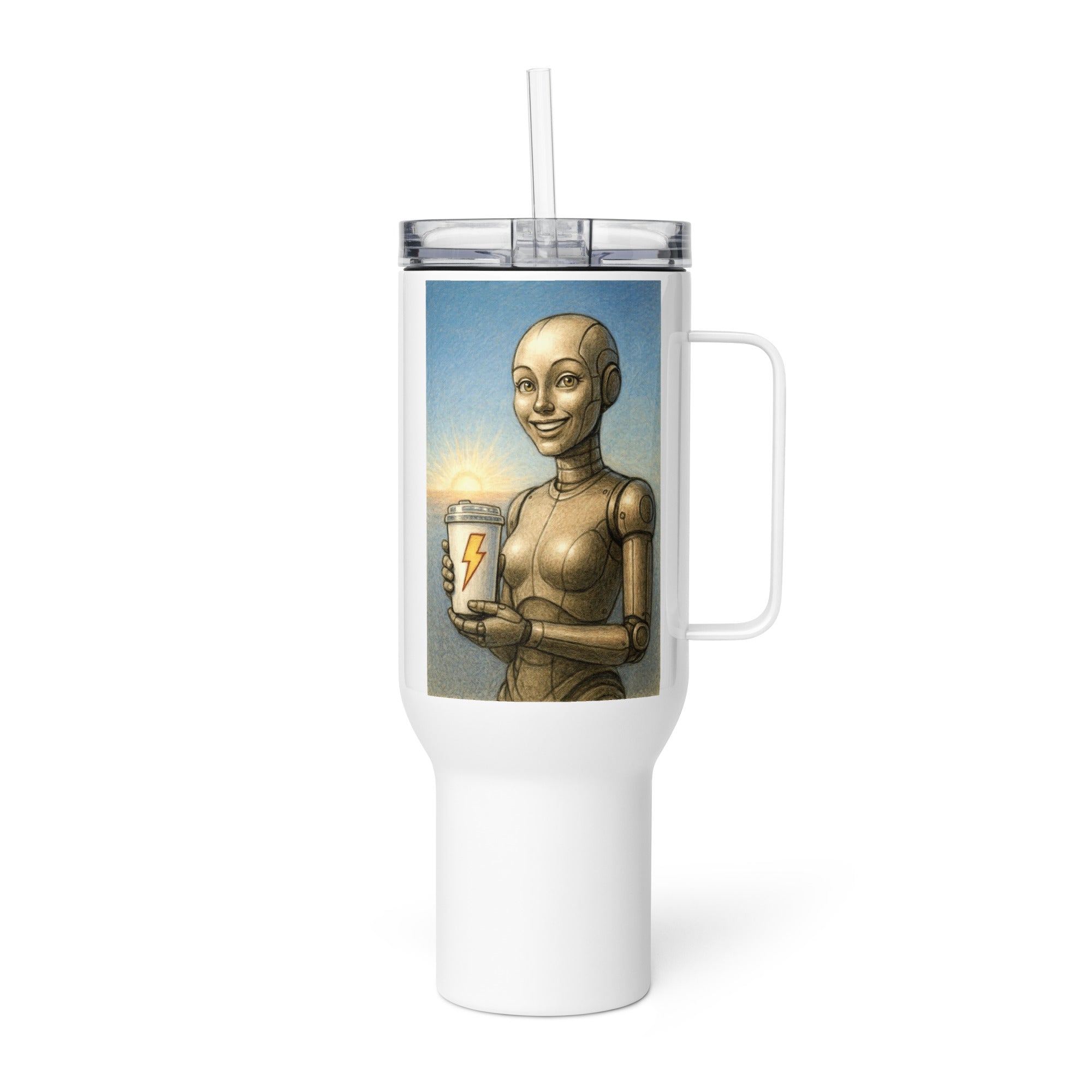 Beige Android Woman Travel mug with a handle