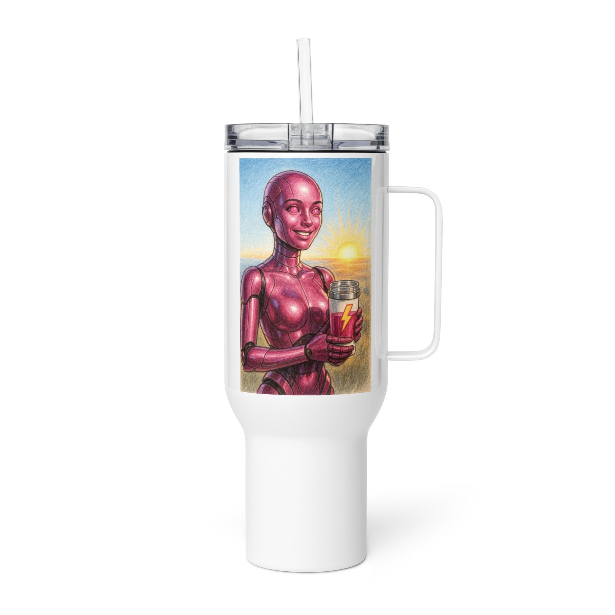 Magenta Android Woman Travel mug with a handle