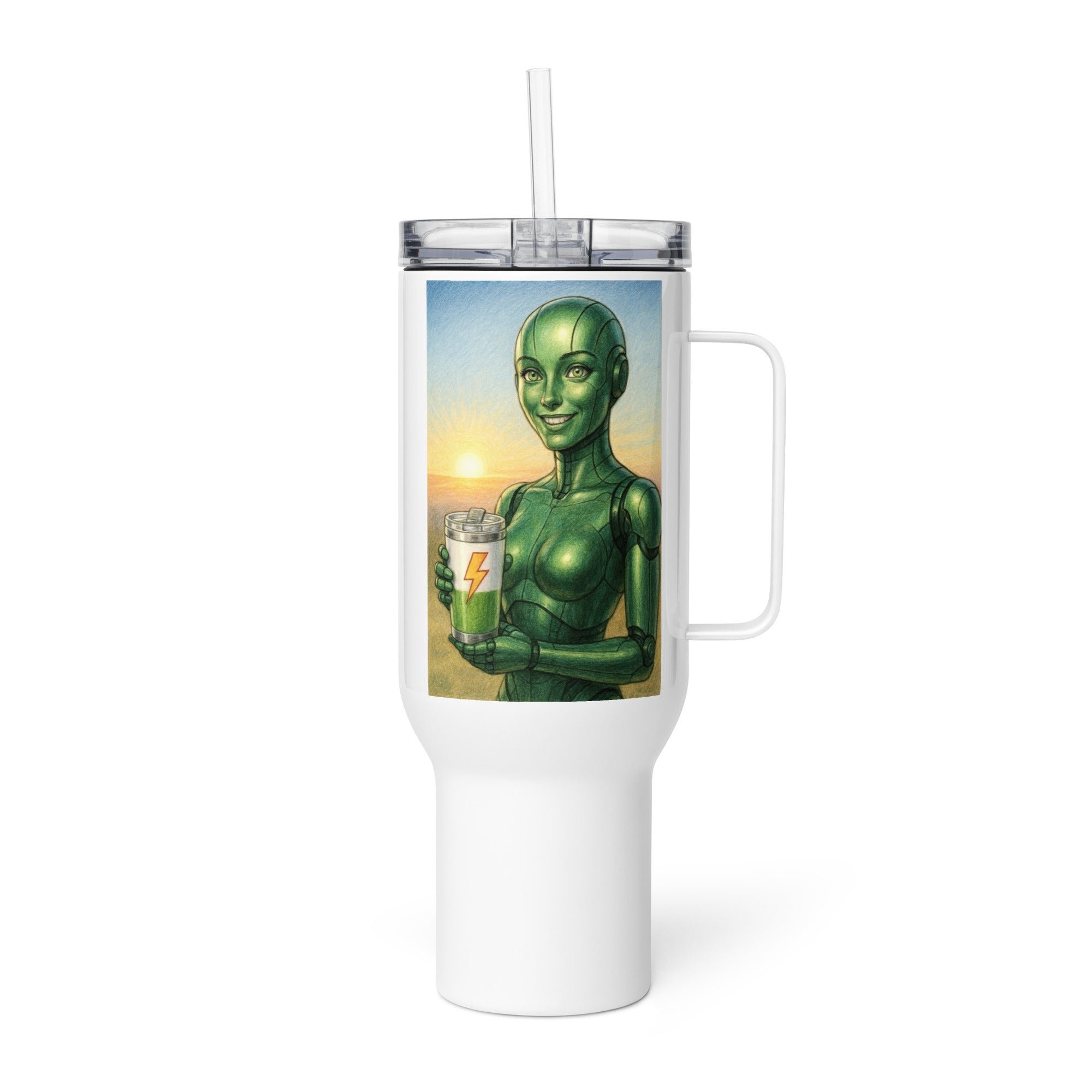 Green Android Woman Travel mug with a handle