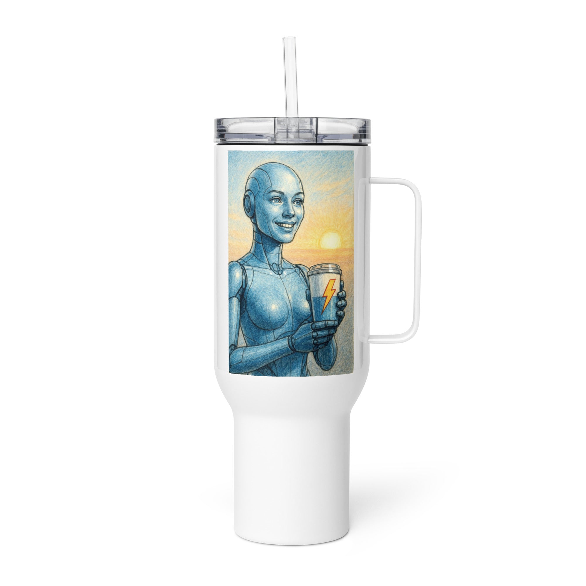 Light Blue Android Woman Travel mug with a handle