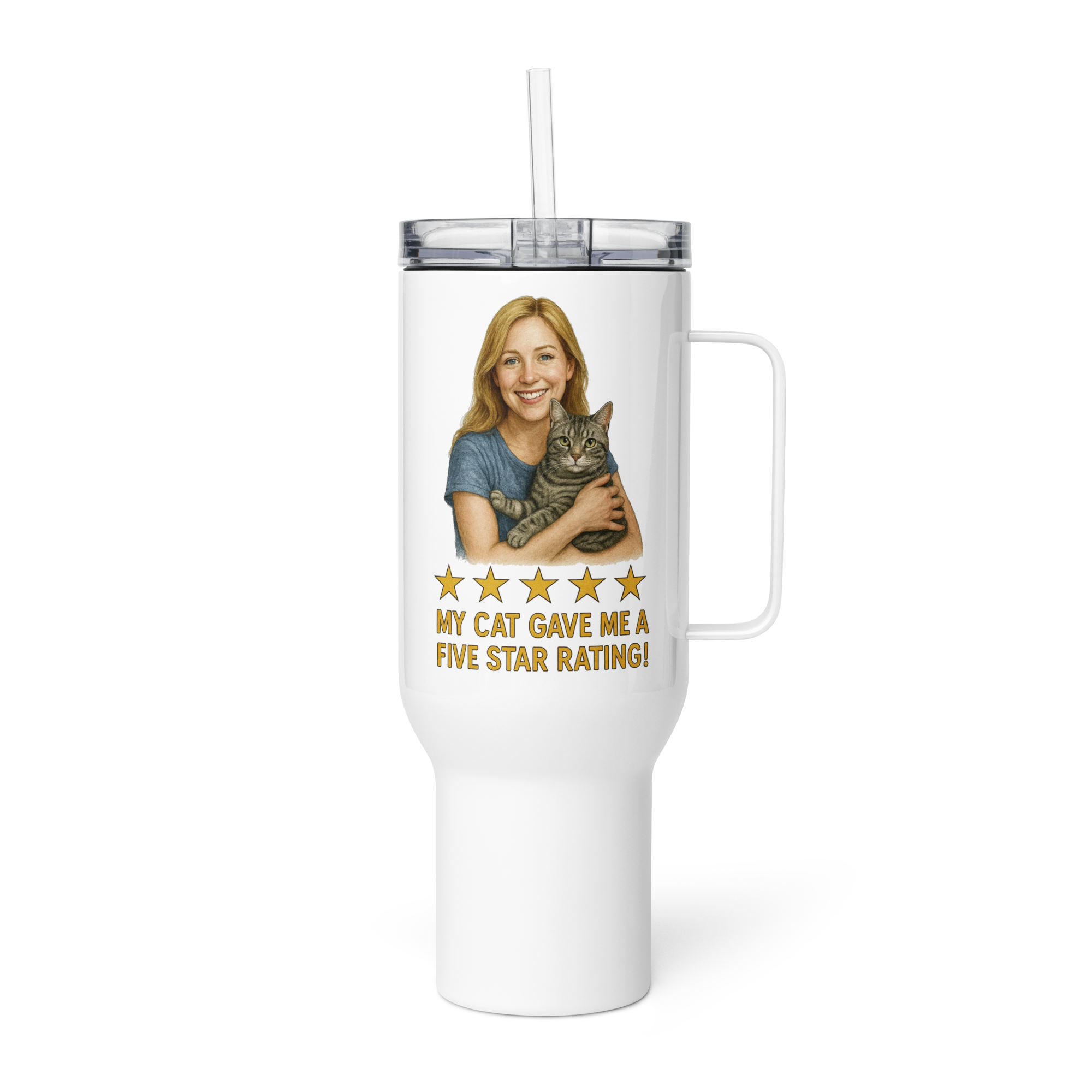 Blonde Woman with American Shorthair Cat Travel Mug