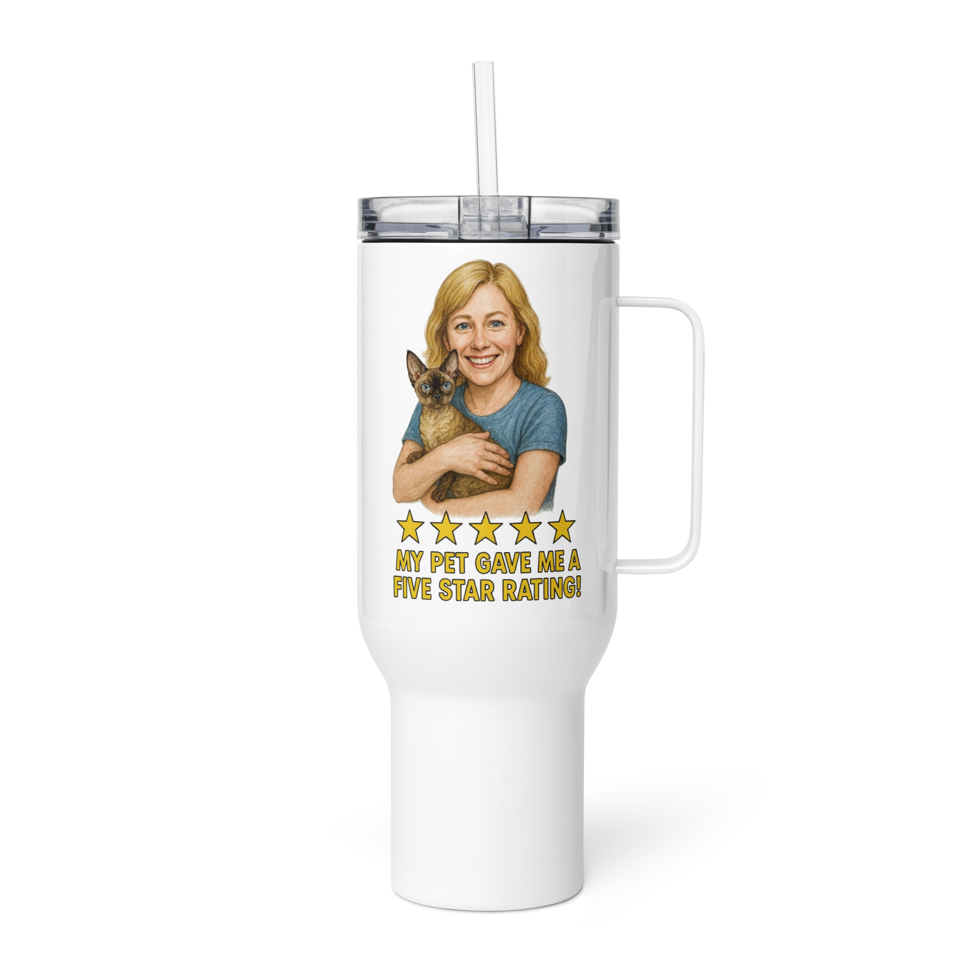 Blonde Woman with Devon Rex Cat Travel Mug