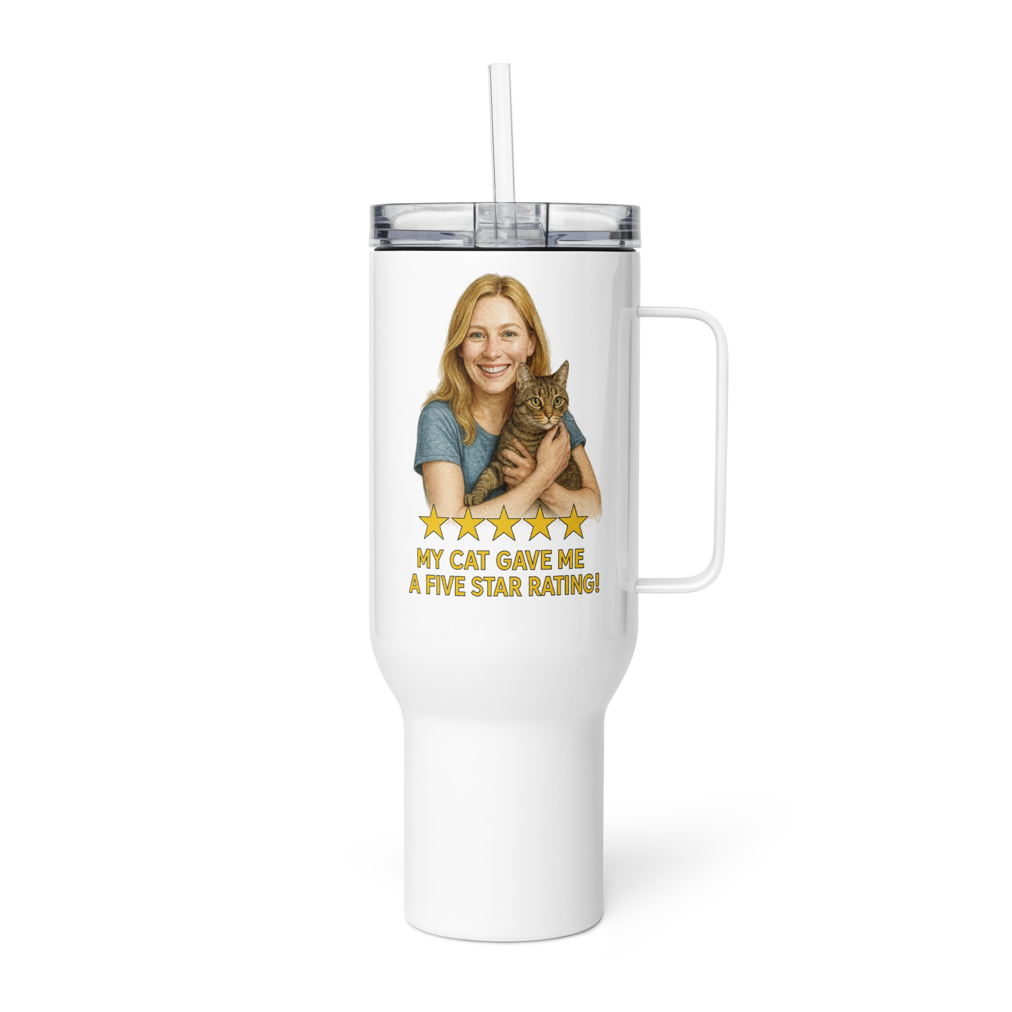 Blonde Woman with Domestic Shorthair Cat Travel Mug