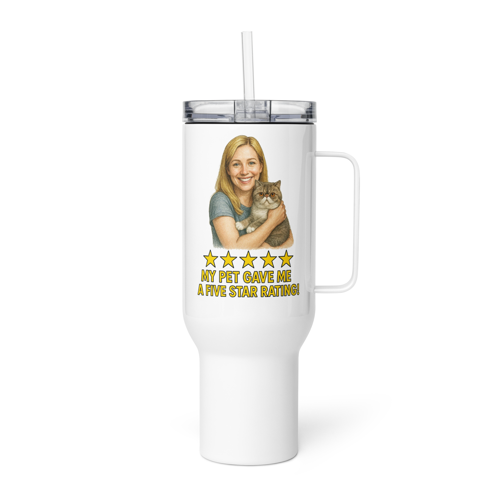 Blonde Woman with Exotic Shorthair Cat Travel Mug