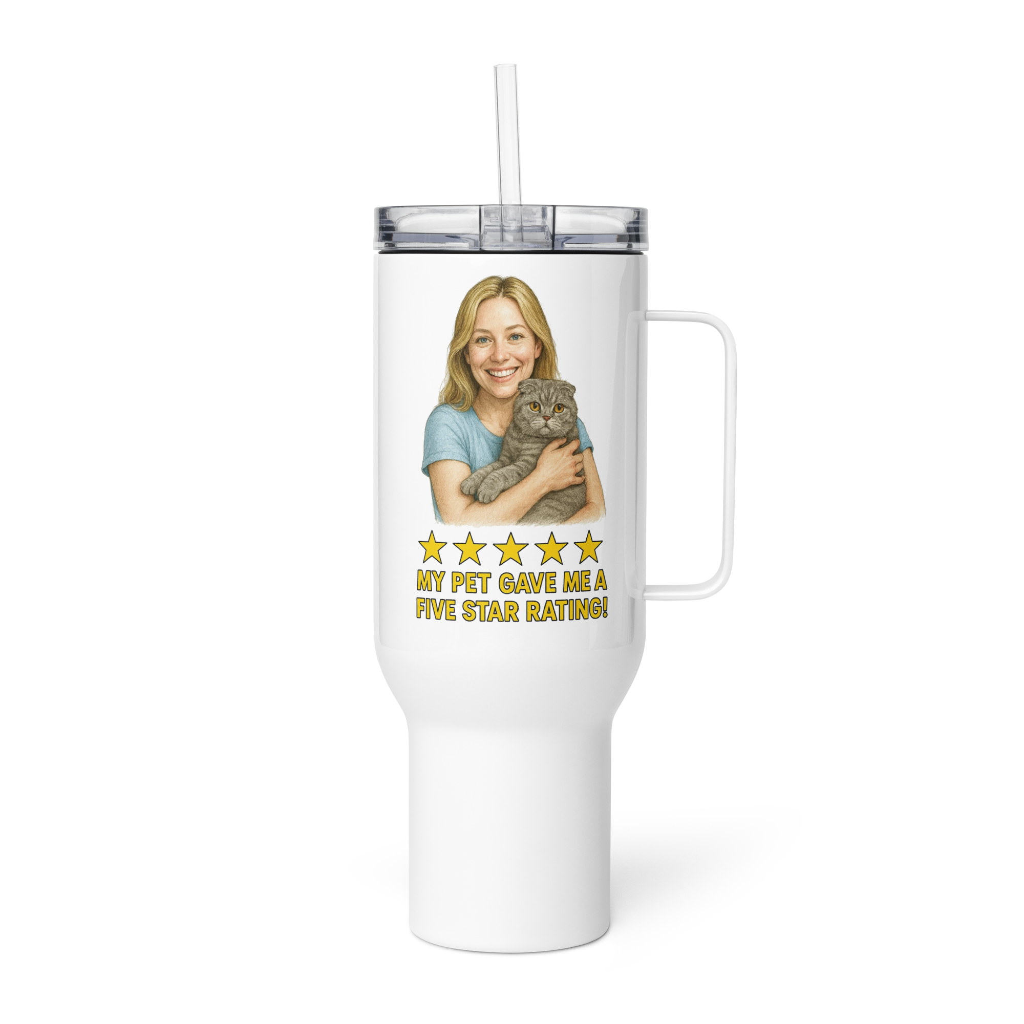 Blonde Woman with Scottish Fold Cat Travel Mug