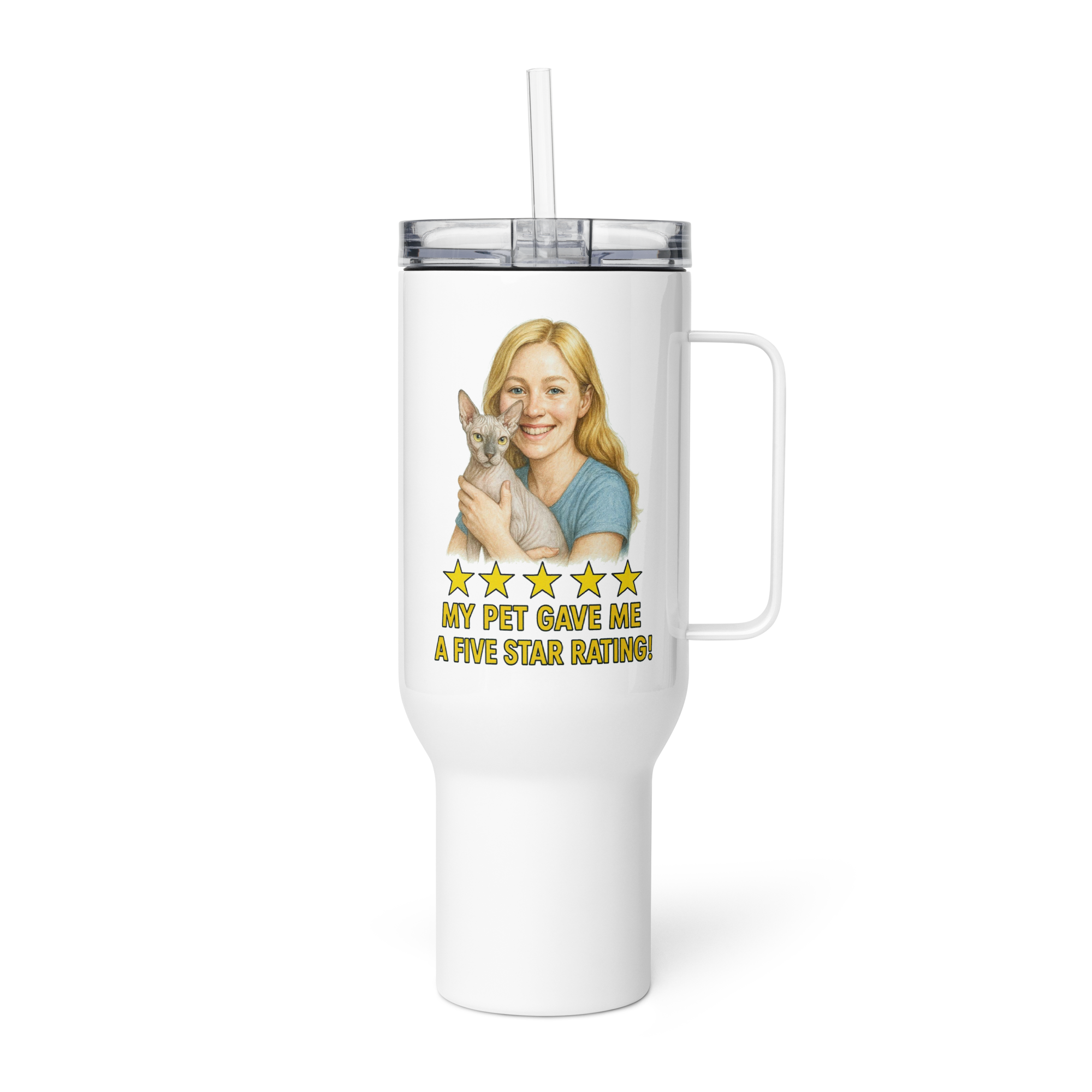Blonde Woman with Sphynx Cat Travel Mug