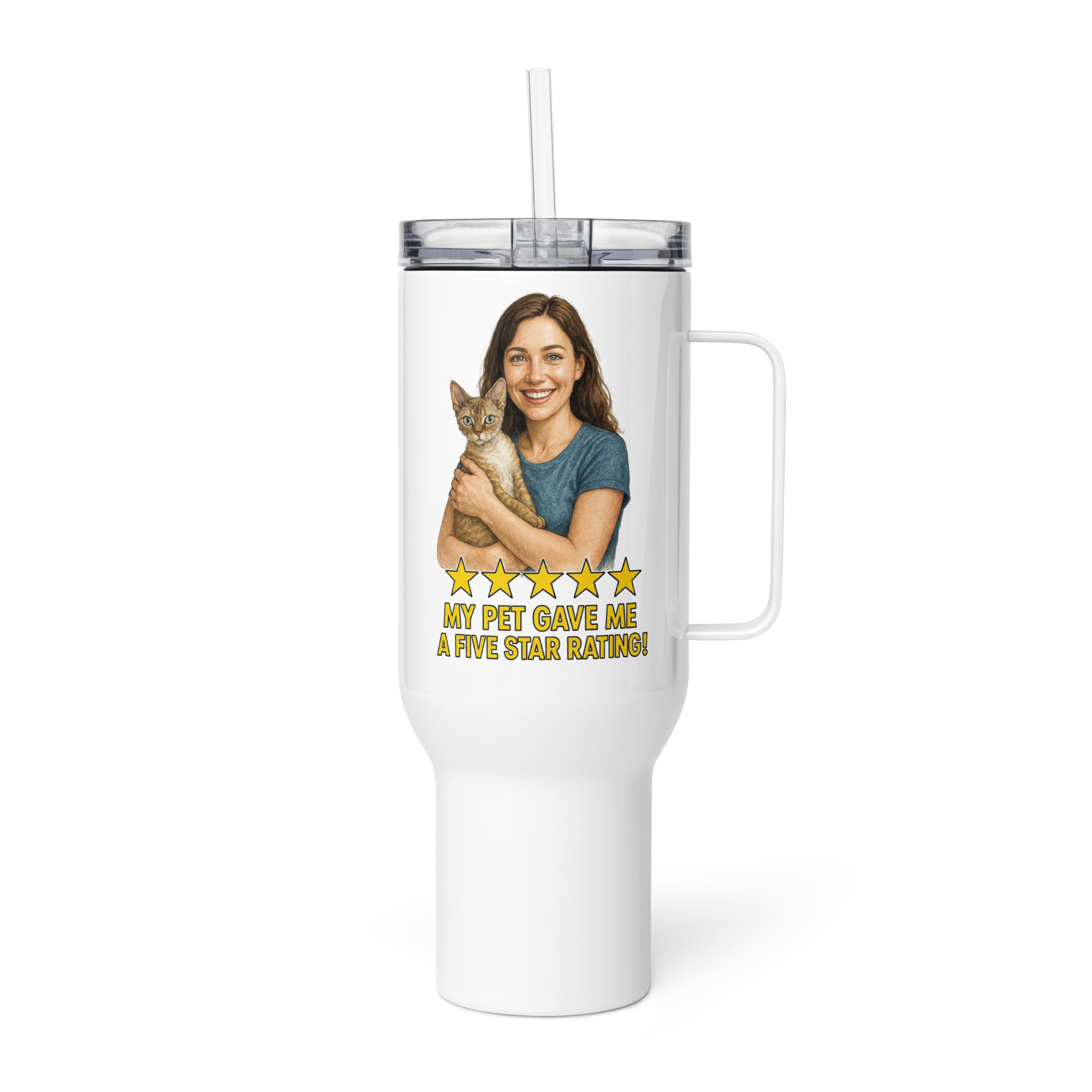Brunette Woman with Devon Rex Cat Travel Mug