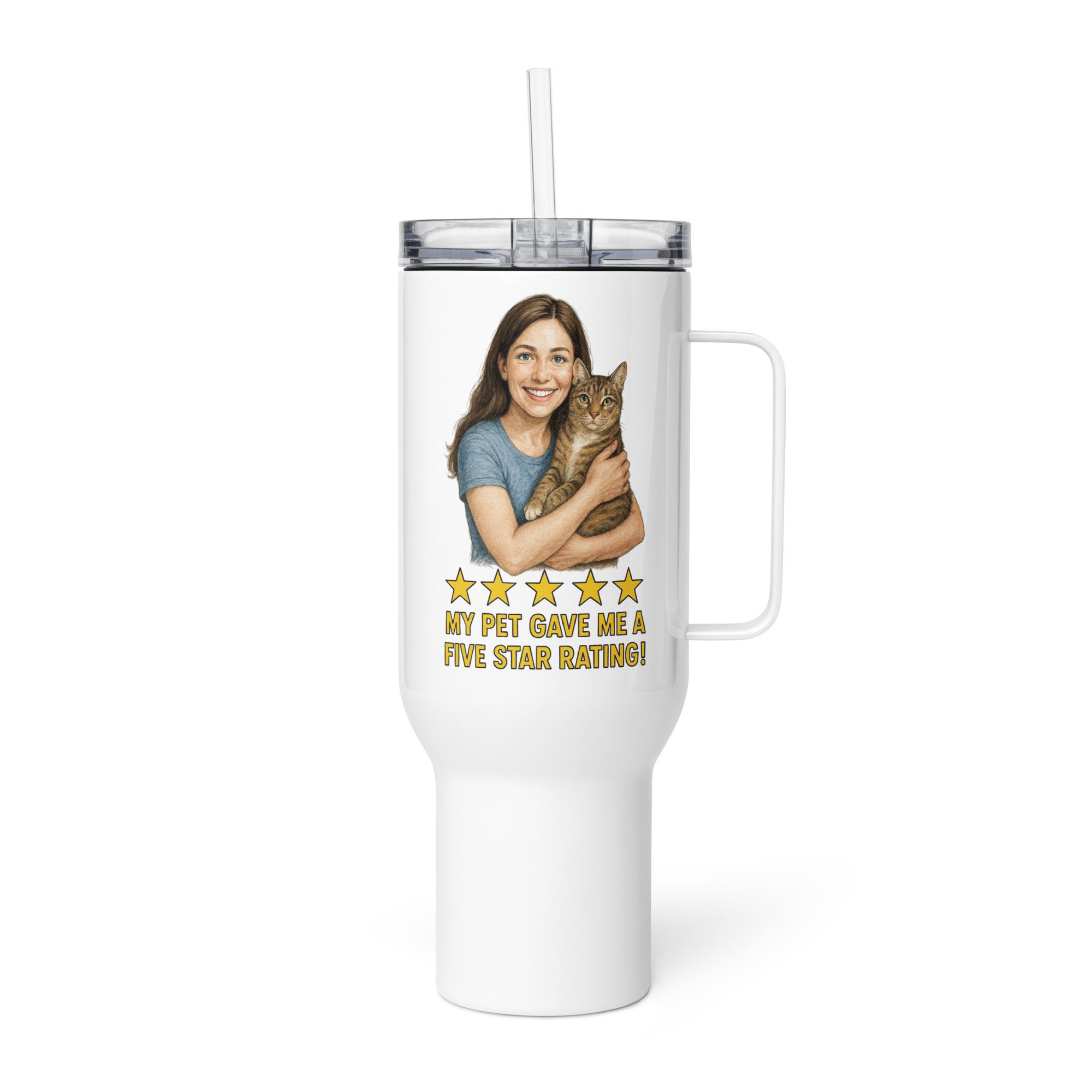 Brunette Woman with Domestic Shorthair Cat Travel Mug