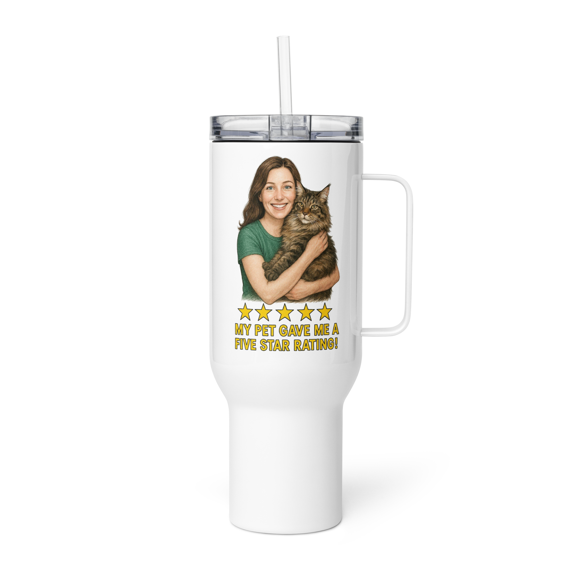 Brunette Woman with Maine Coon Cat Travel Mug