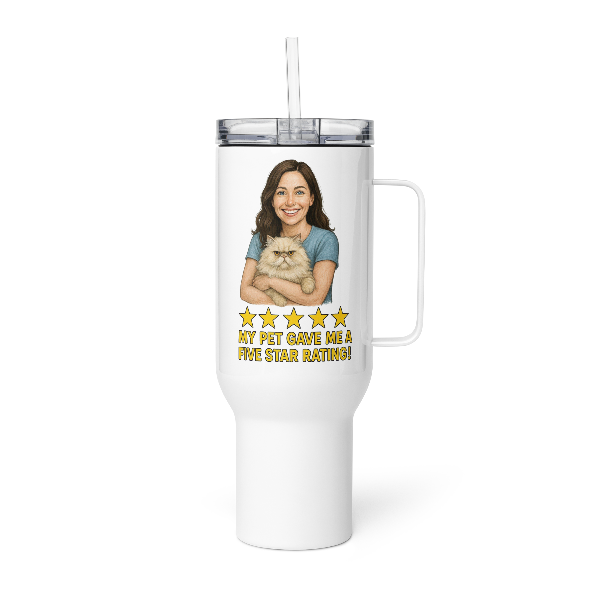 Brunette Woman with Persian Cat Travel Mug