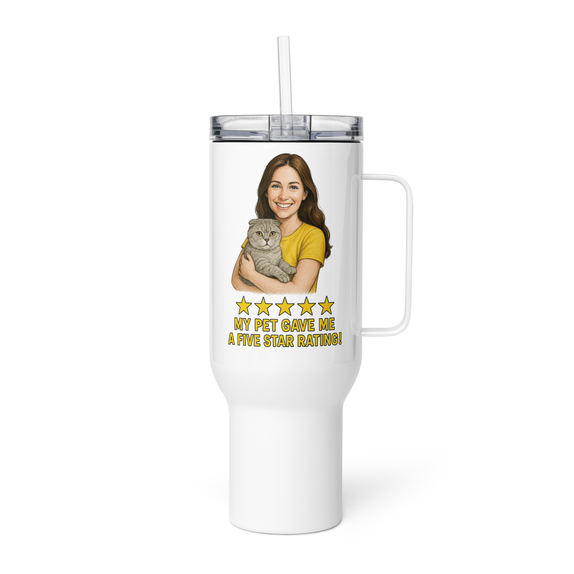 Brunette Woman with Scottish Fold Cat Travel Mug