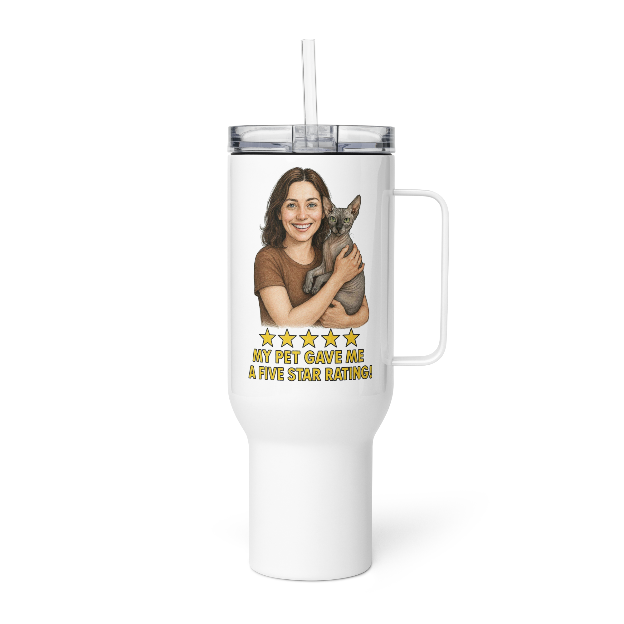 Brunette Woman with Sphynx Cat Travel Mug