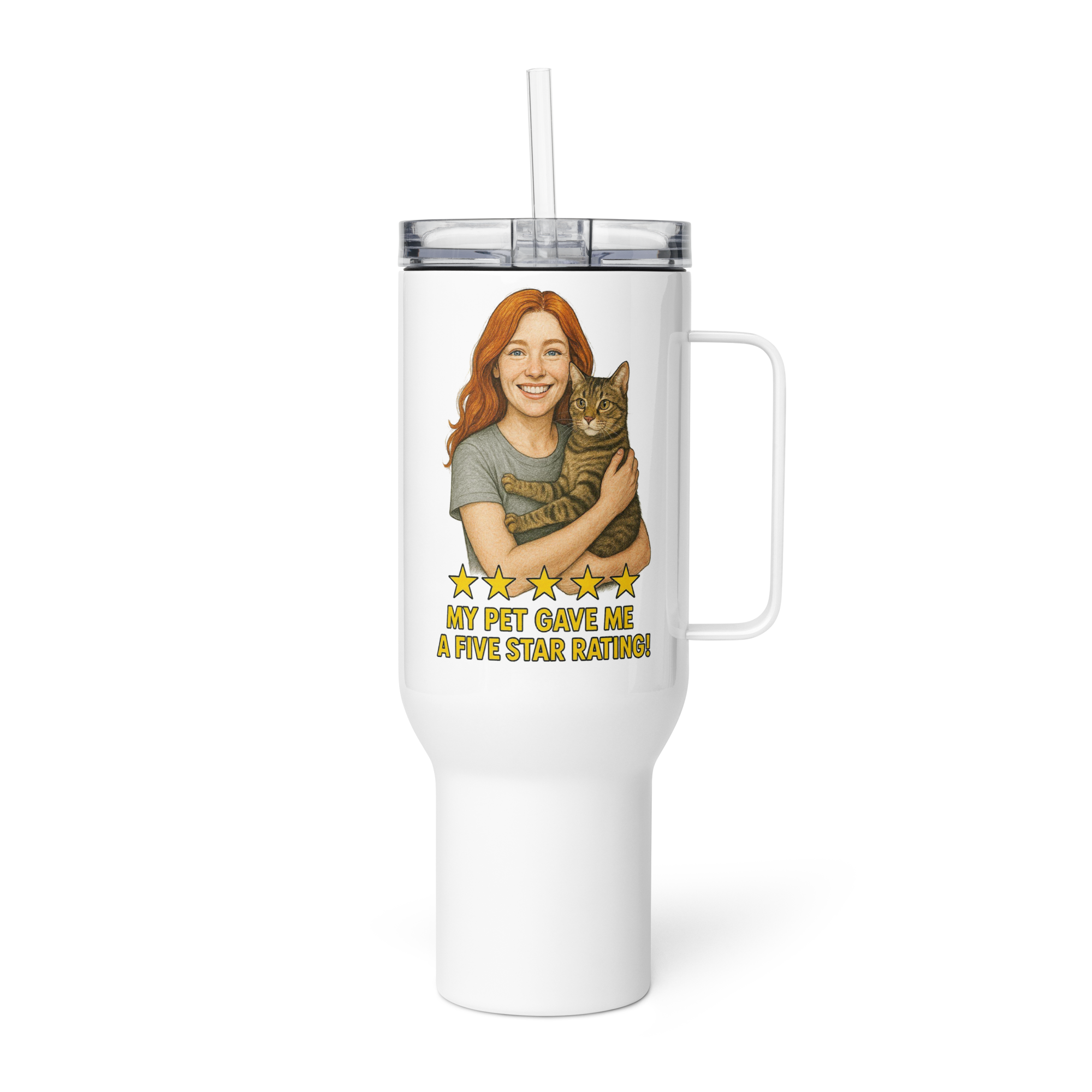 Red Hair Woman with Domestic Shorthair Cat Travel Mug