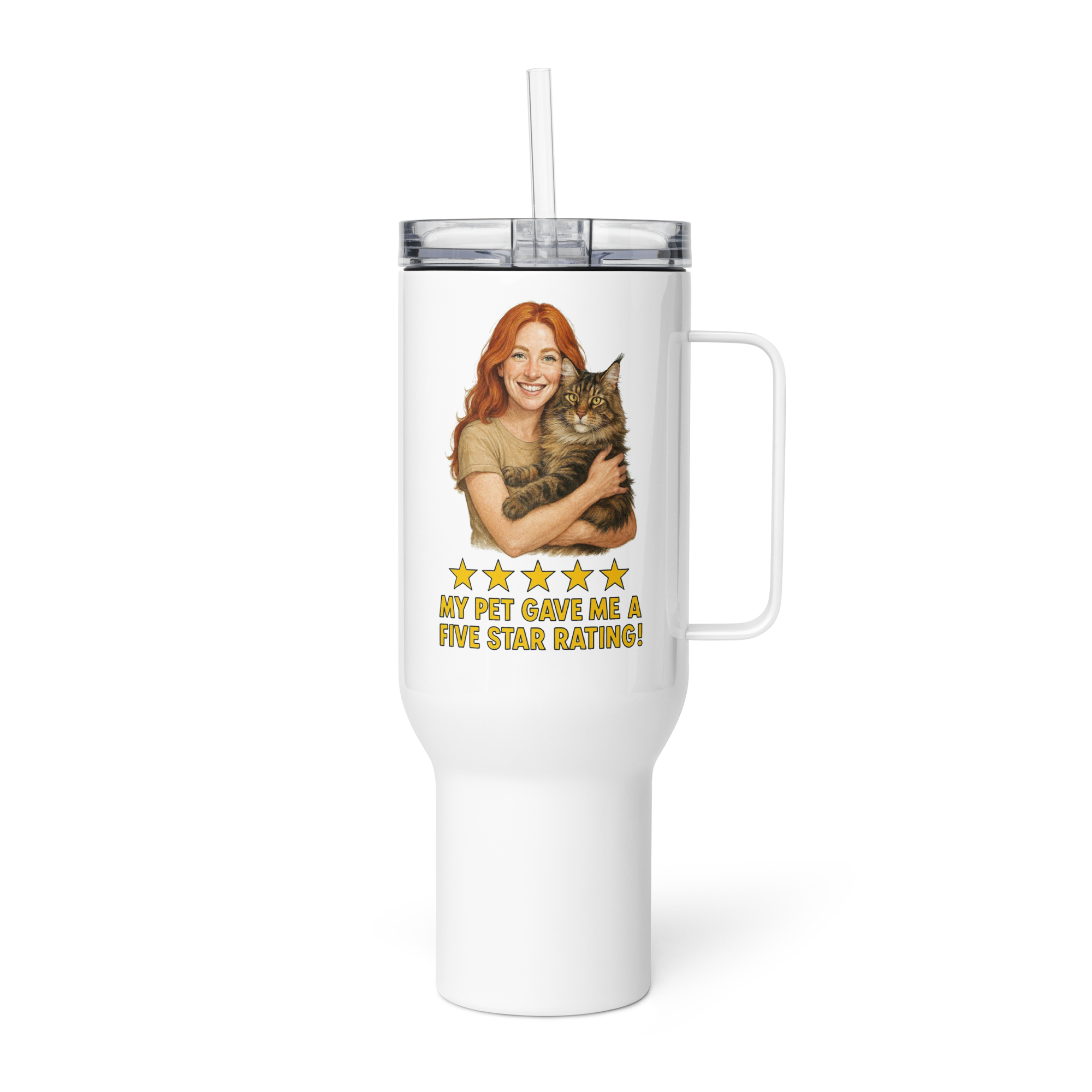 Red Hair Woman with Maine Coon Cat Travel Mug
