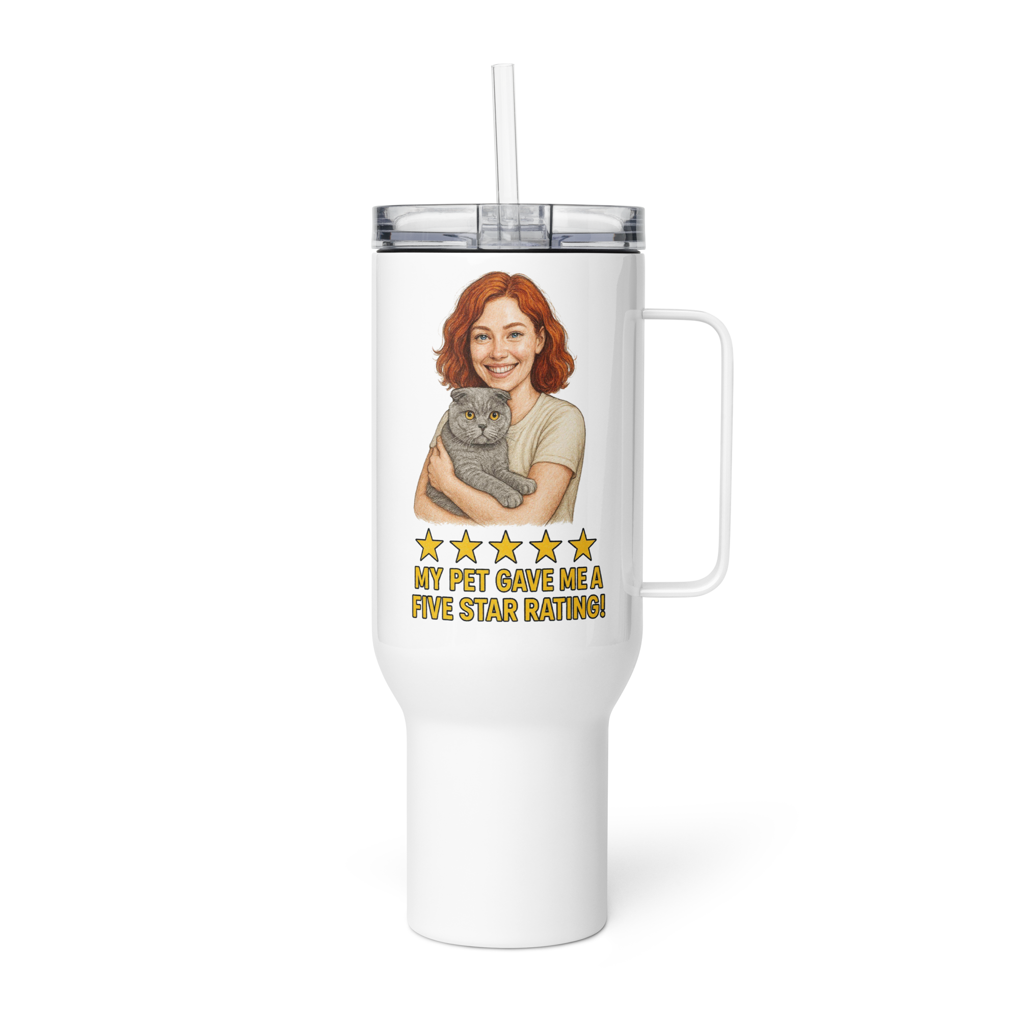 Red Hair Woman with Scottish Fold Cat Travel Mug