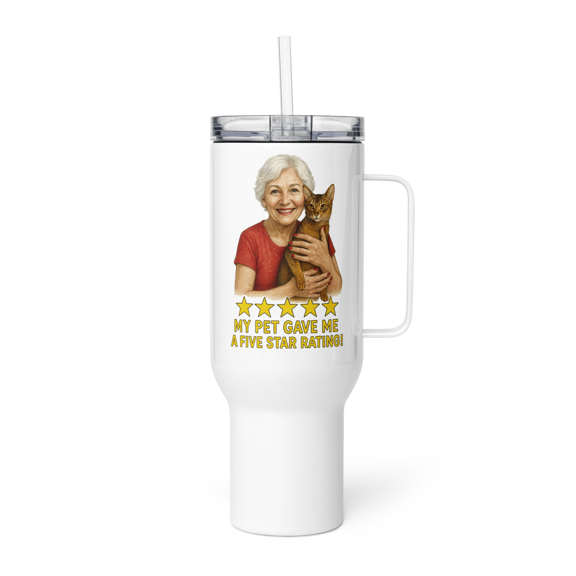 Salt & Pepper Woman with Abyssinian Cat RED Travel Mug