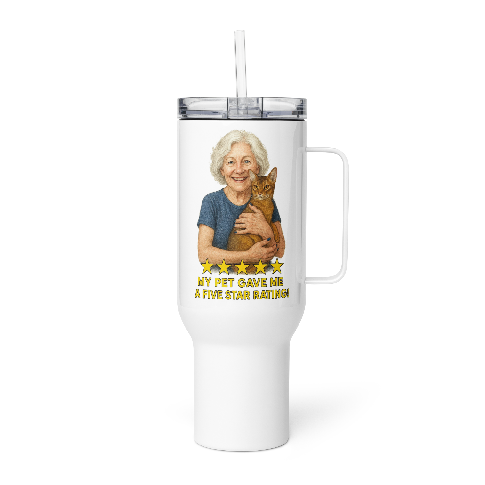 Salt & Pepper Woman with Abyssinian Cat BLUE Travel Mug