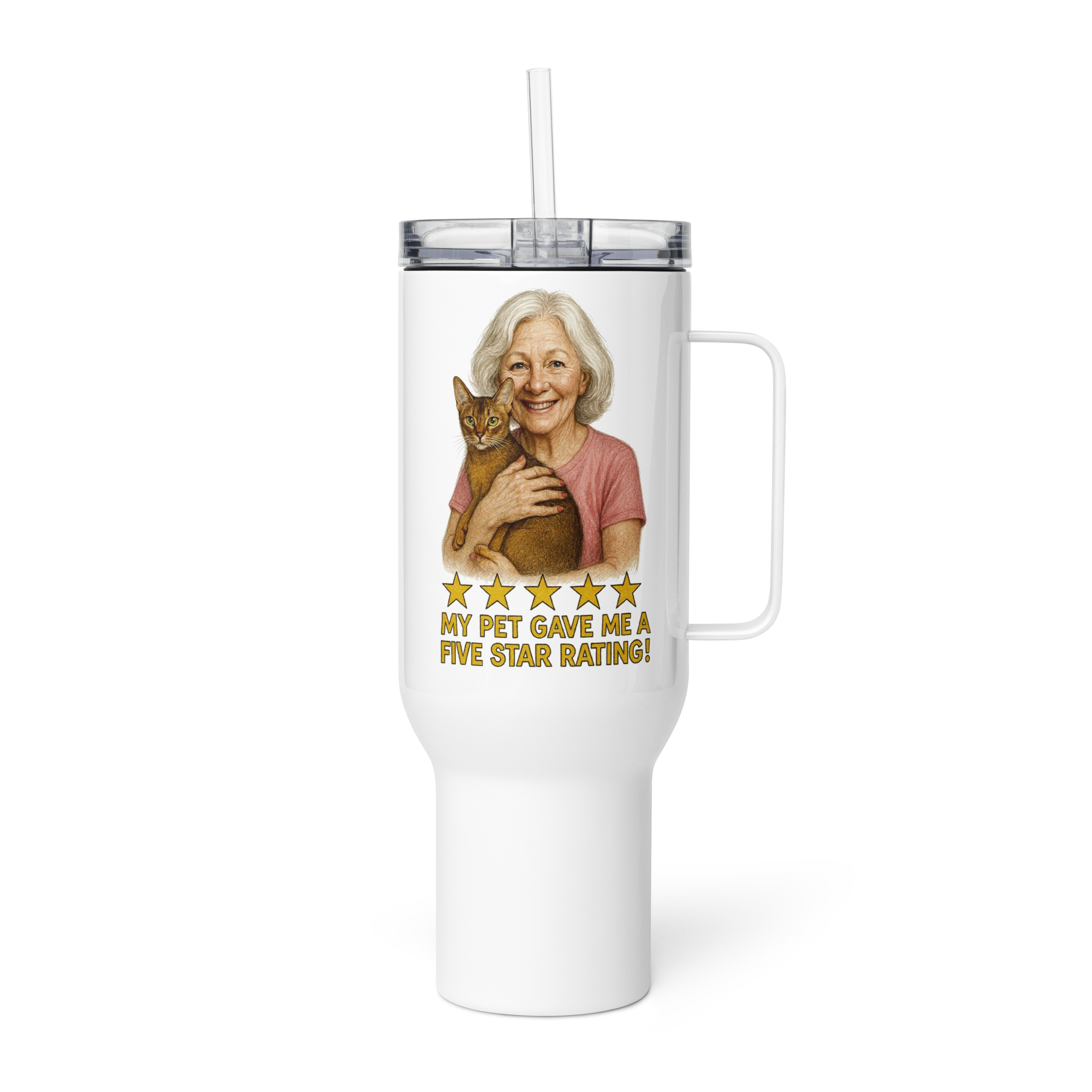 Salt & Pepper Woman with Abyssinian Cat PINK Travel Mug