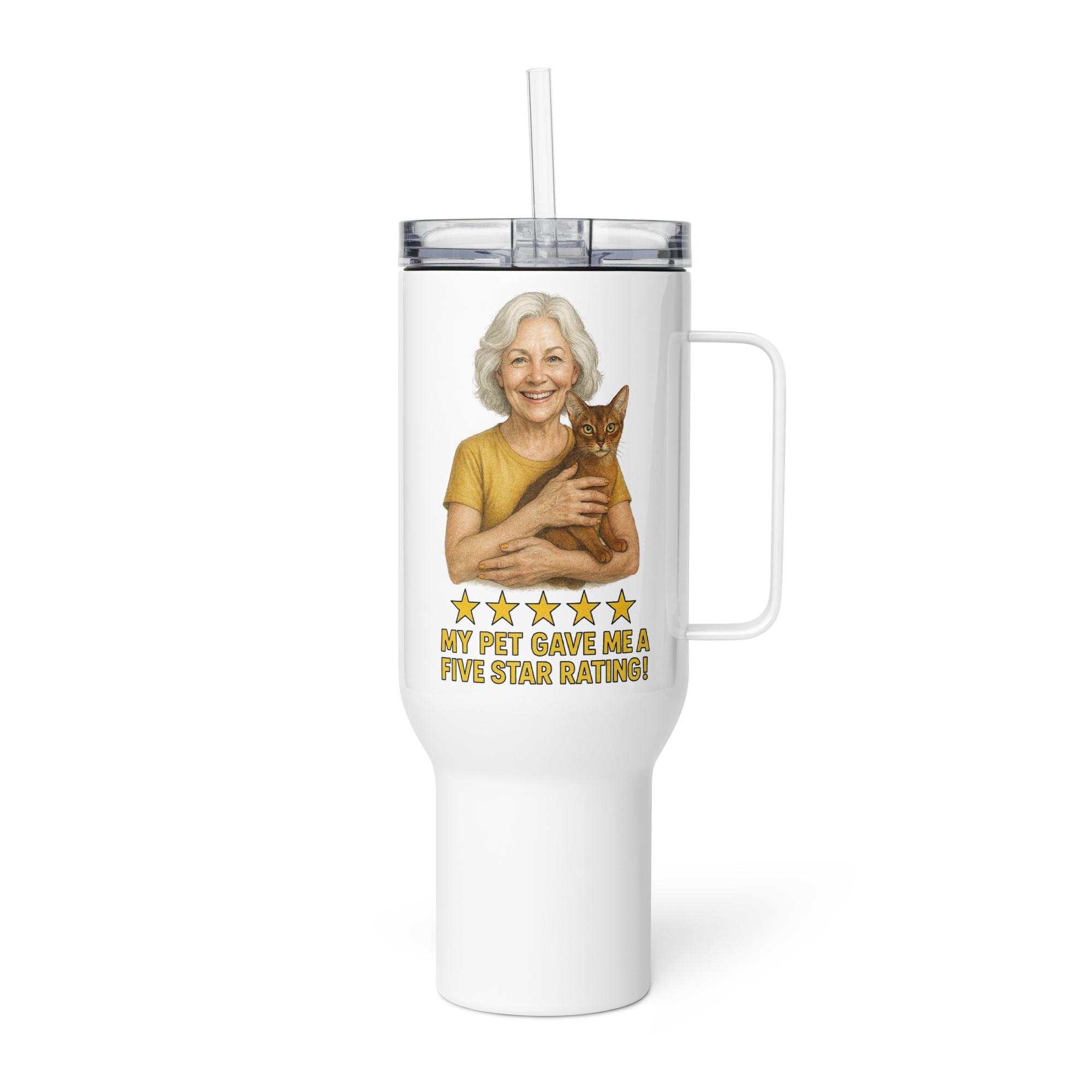 Salt & Pepper Woman with Abyssinian Cat GOLD Travel Mug