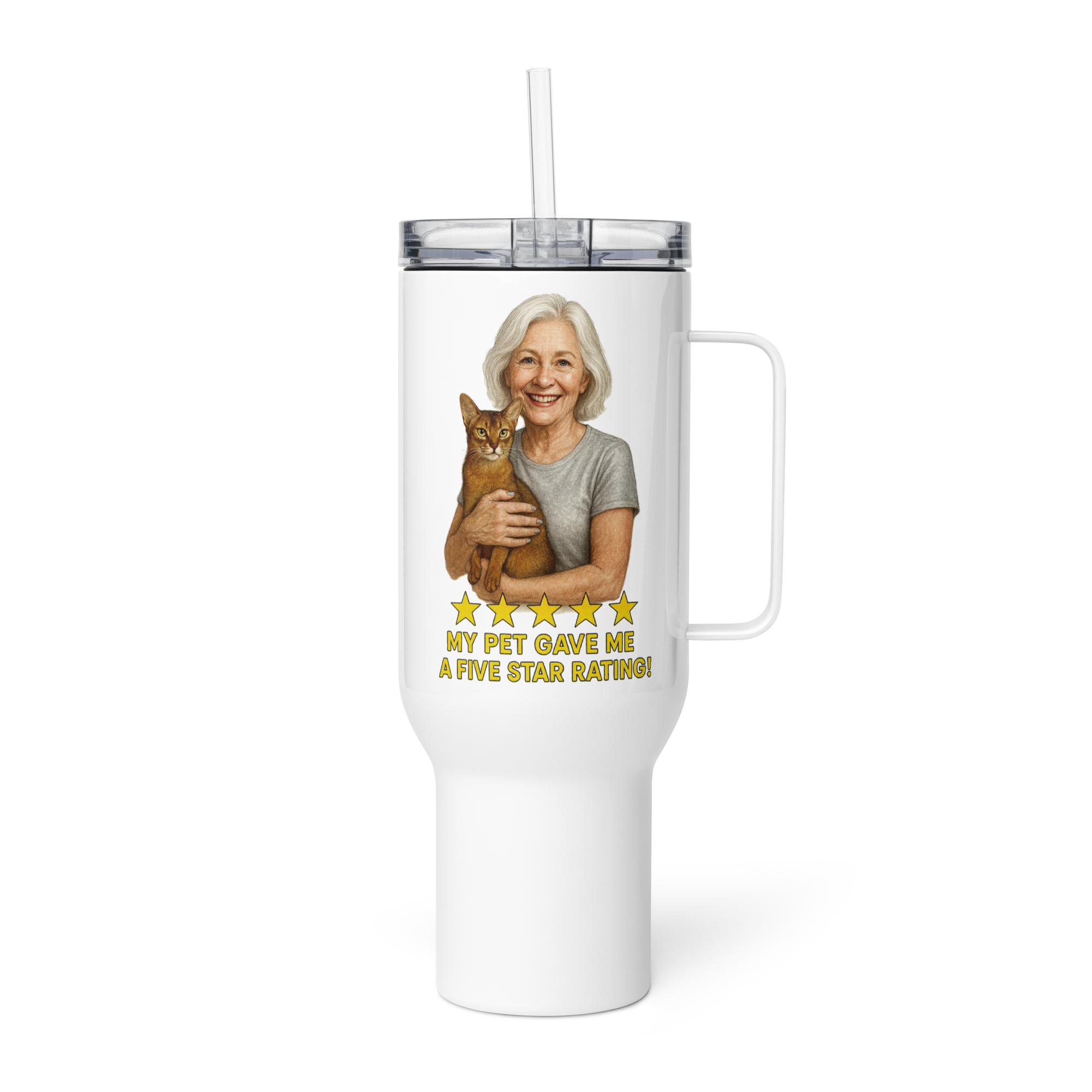 Salt & Pepper Woman with Abyssinian Cat SILVER Travel Mug