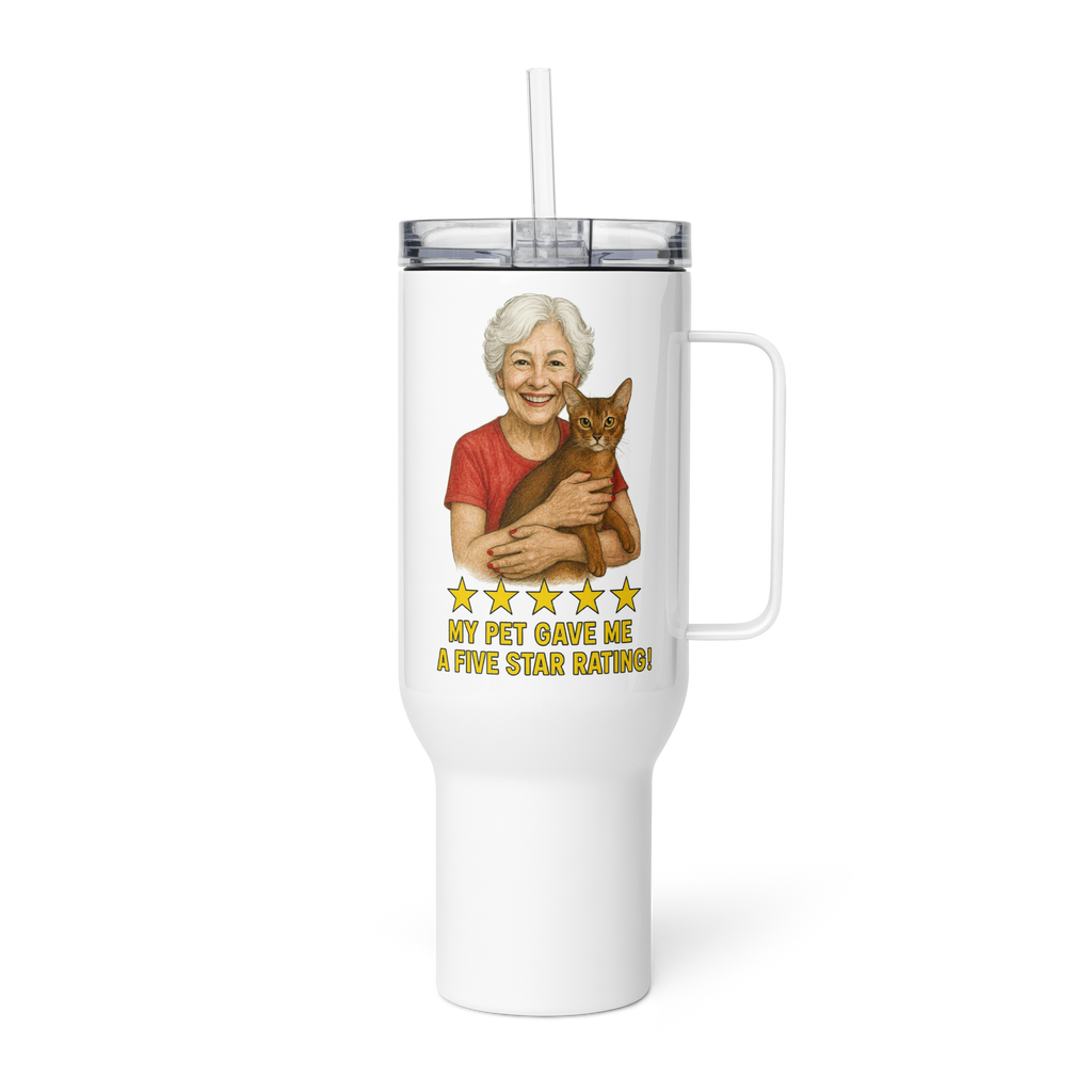 White Hair Woman with Abyssinian Cat RED Travel Mug