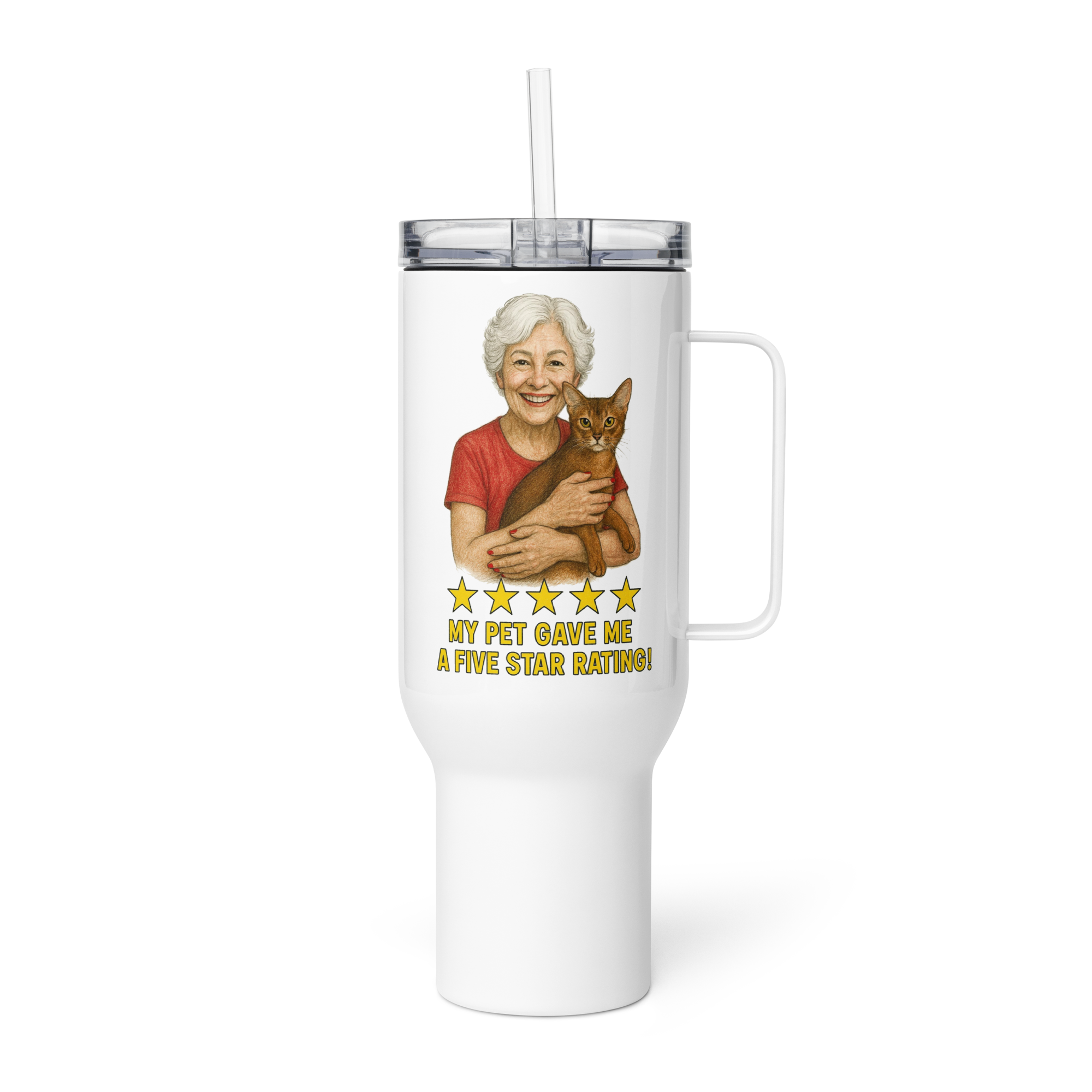 White Hair Woman with Abyssinian Cat RED Travel Mug