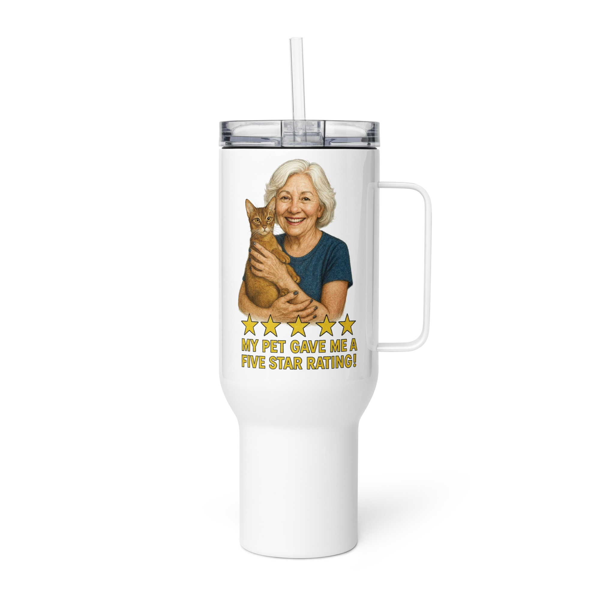 White Hair Woman with Abyssinian Cat BLUE Travel Mug
