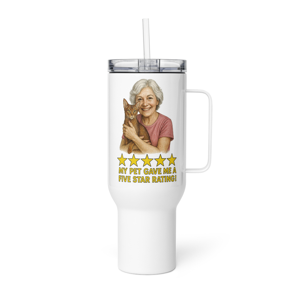 White Hair Woman with Abyssinian Cat PINK Travel Mug