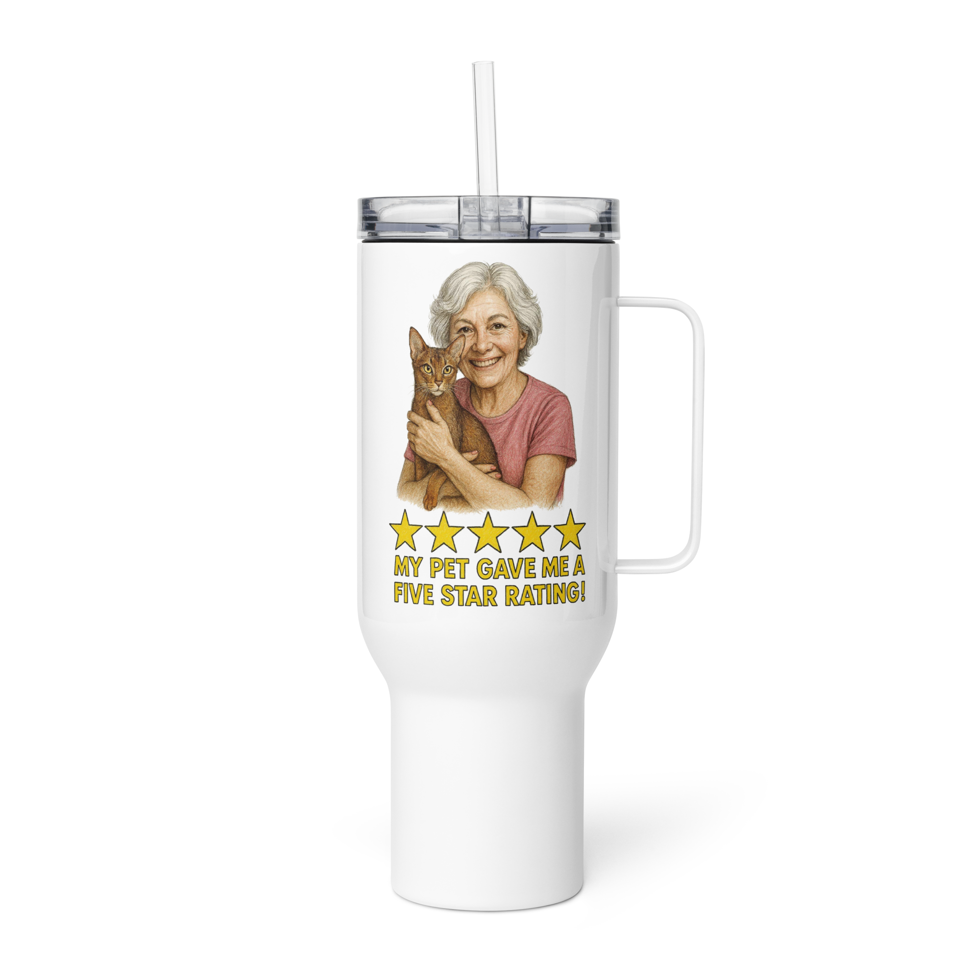 White Hair Woman with Abyssinian Cat PINK Travel Mug