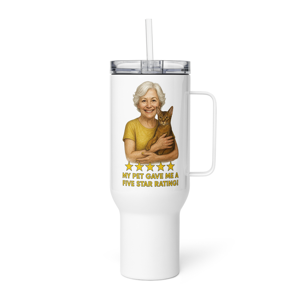 White Hair Woman with Abyssinian Cat GOLD Travel Mug