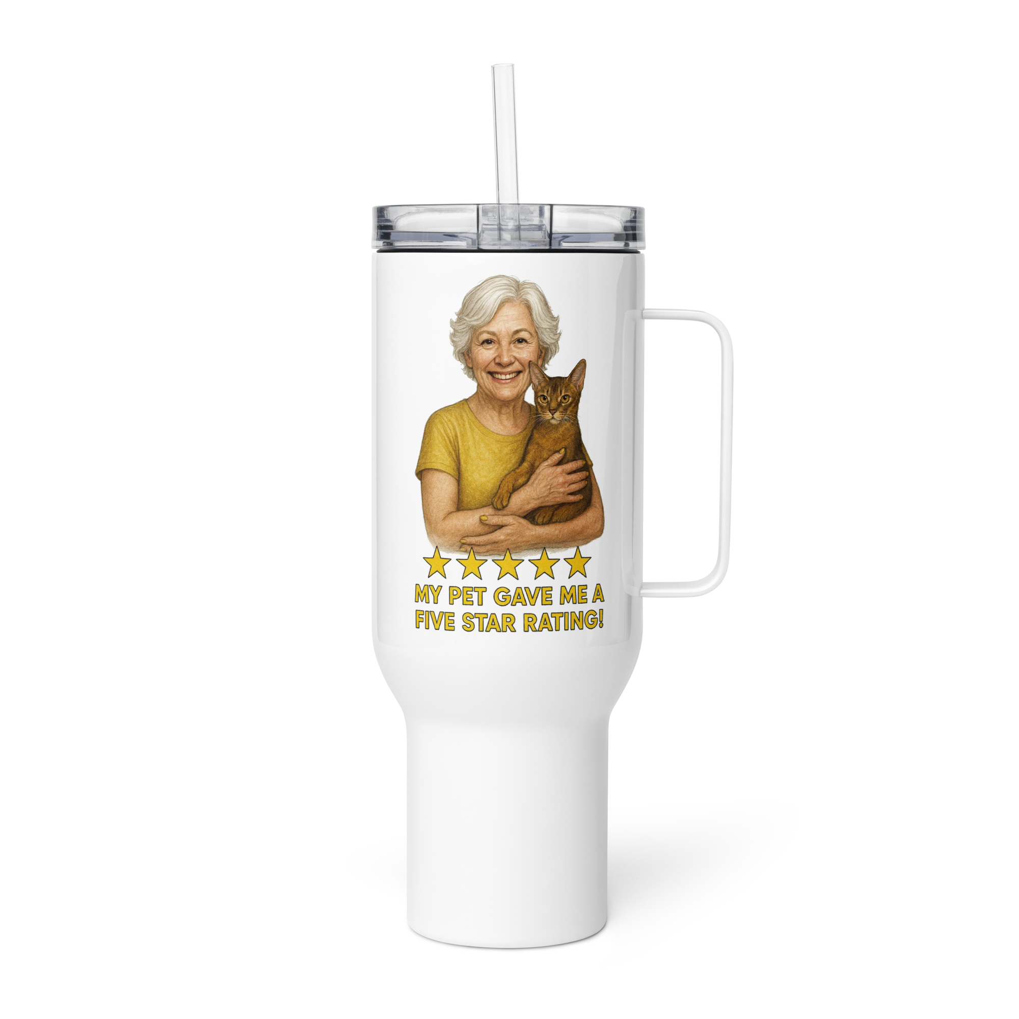 White Hair Woman with Abyssinian Cat GOLD Travel Mug