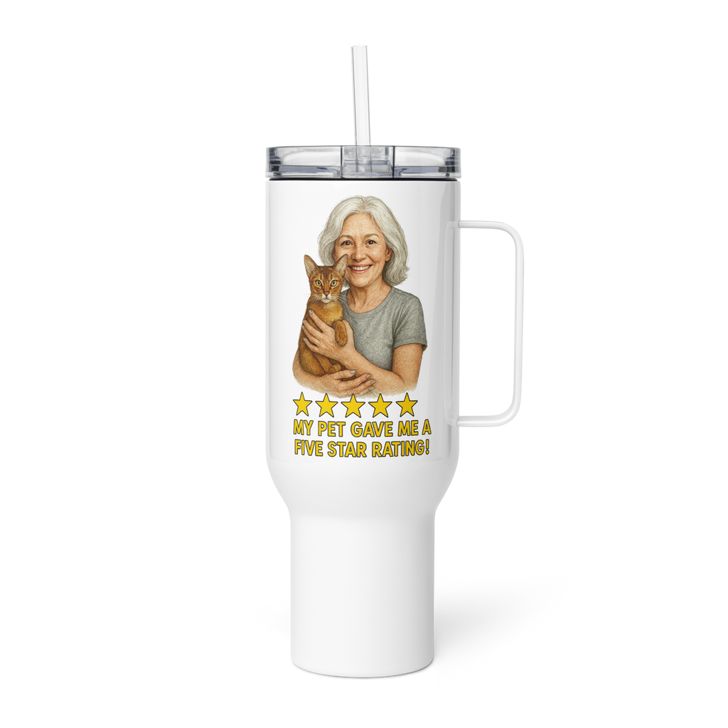 White Hair Woman with Abyssinian Cat SILVER Travel Mug