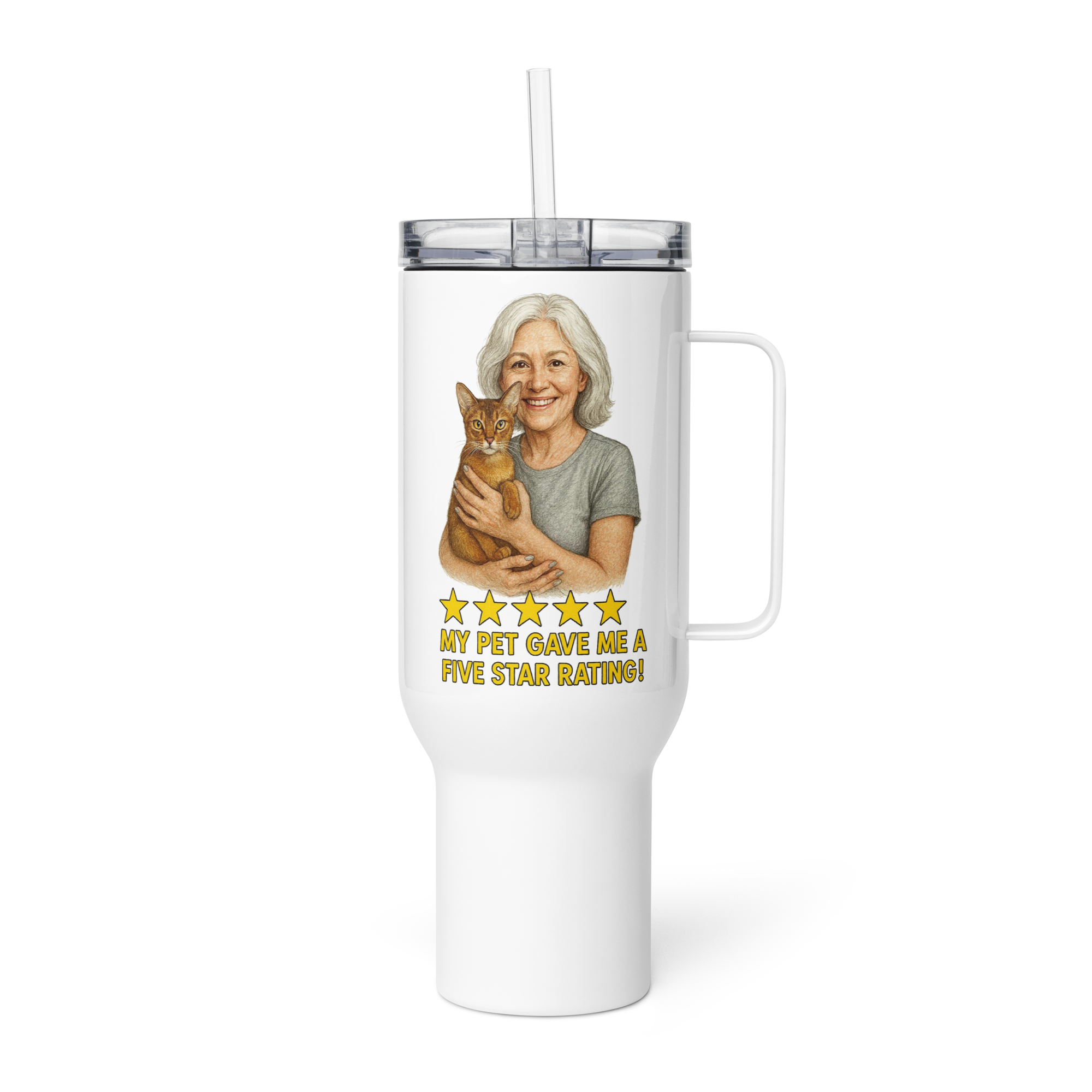 White Hair Woman with Abyssinian Cat SILVER Travel Mug