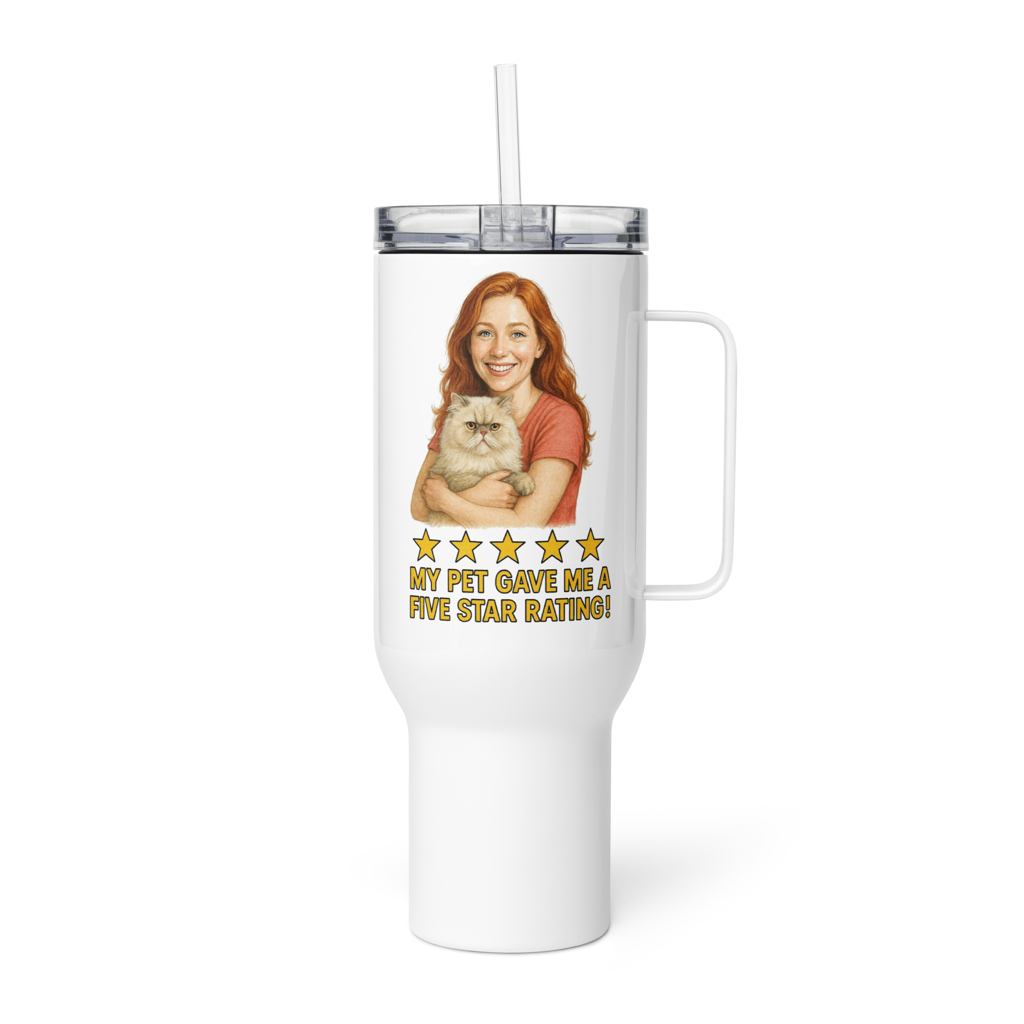 Red Hair Woman with Persian Cat Travel Mug