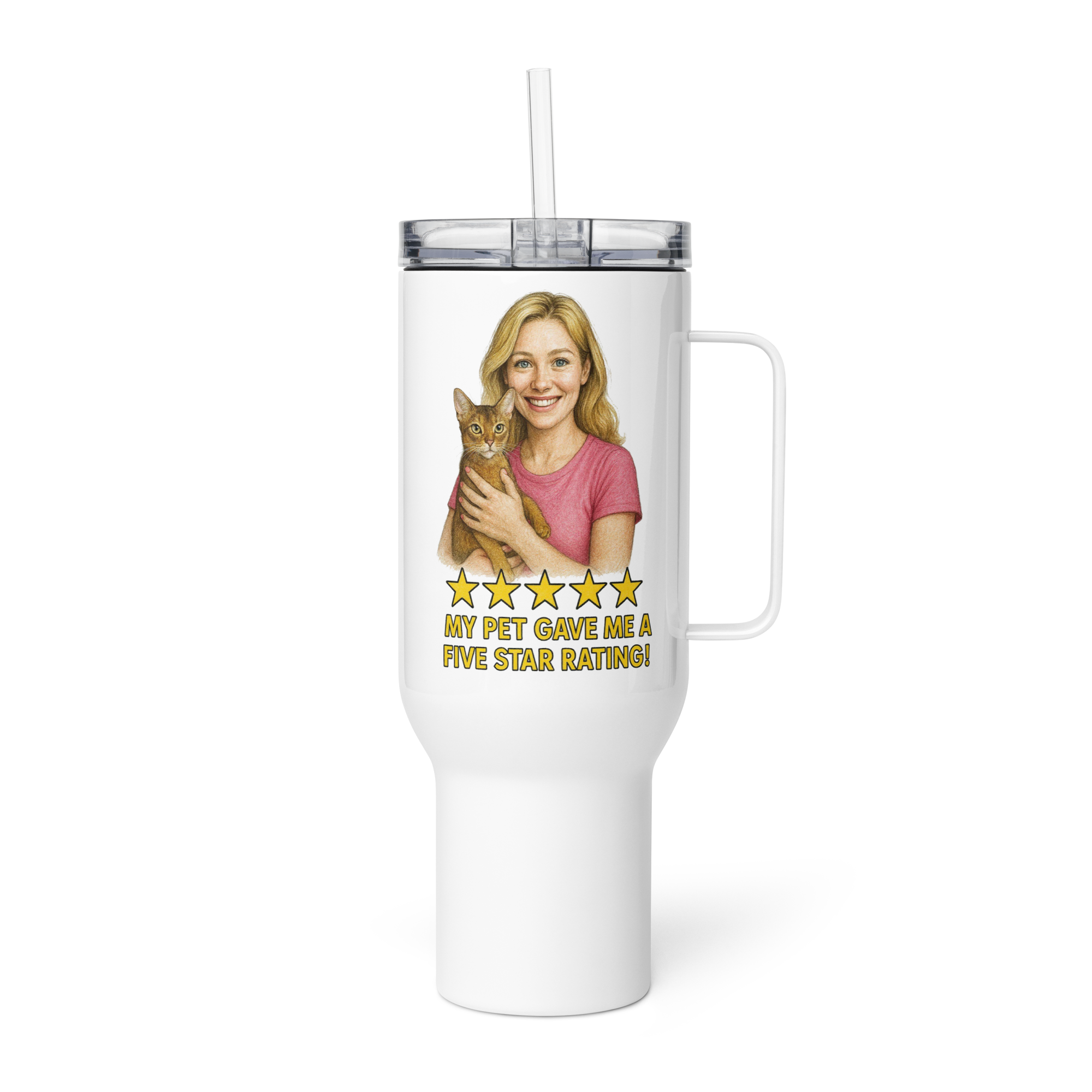 Blonde Woman PINK Shirt with Abyssinian Cat Travel Mug